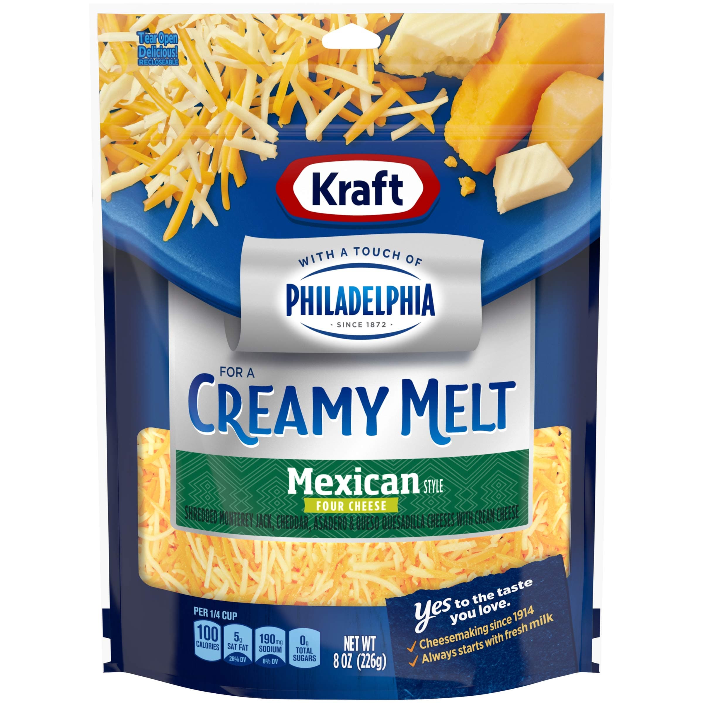 Kraft Shredded Mexican Style Four Cheese with a Touch of Philadelphia, 8 oz Bag