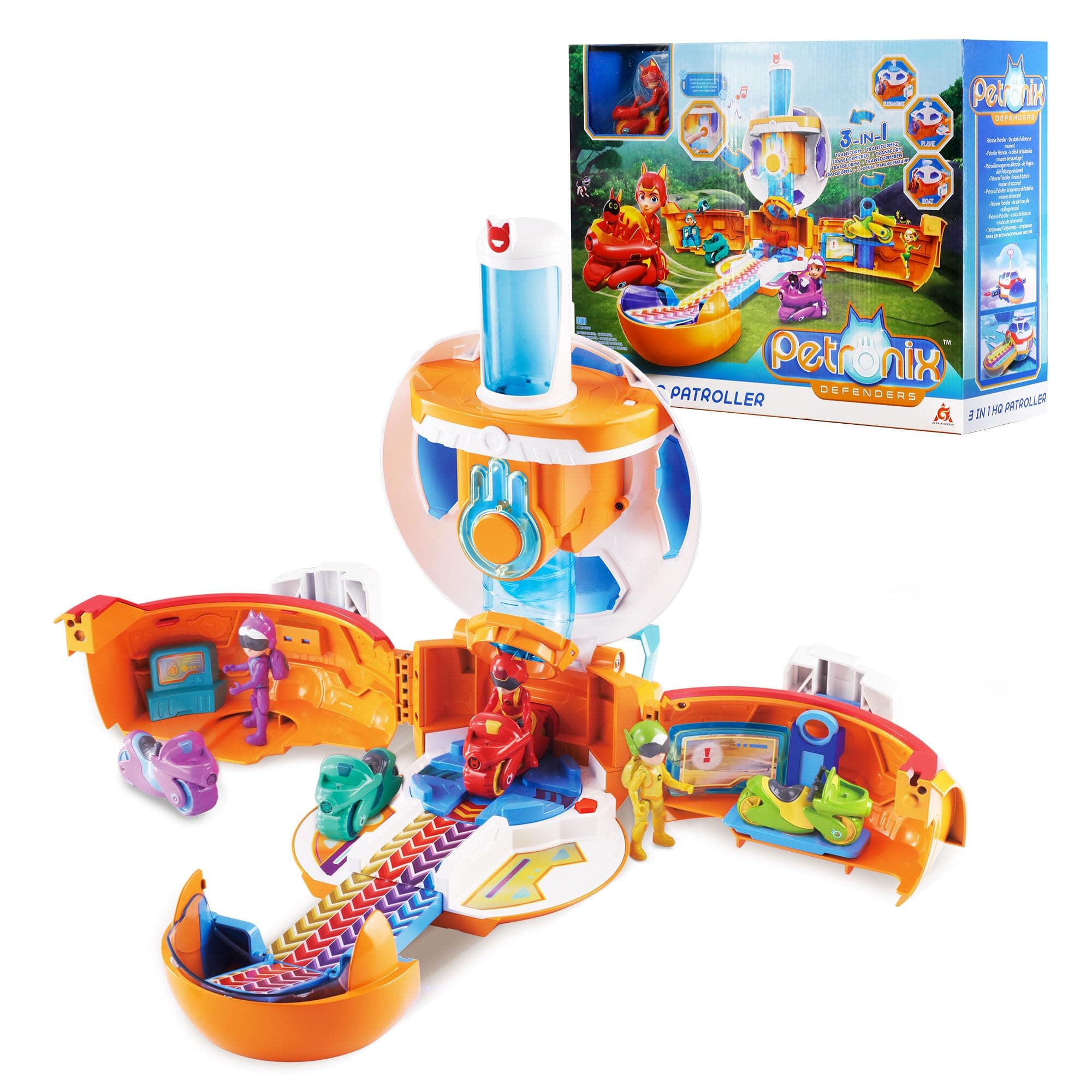 AlphaToys Alpha Group Petronix Defenders 3 in 1 HQ Patroller, Tower Playset Transform in Plane Submarine Boat with Matt Action Figure and Mobile, Kids Toys for Ages 3 and Up