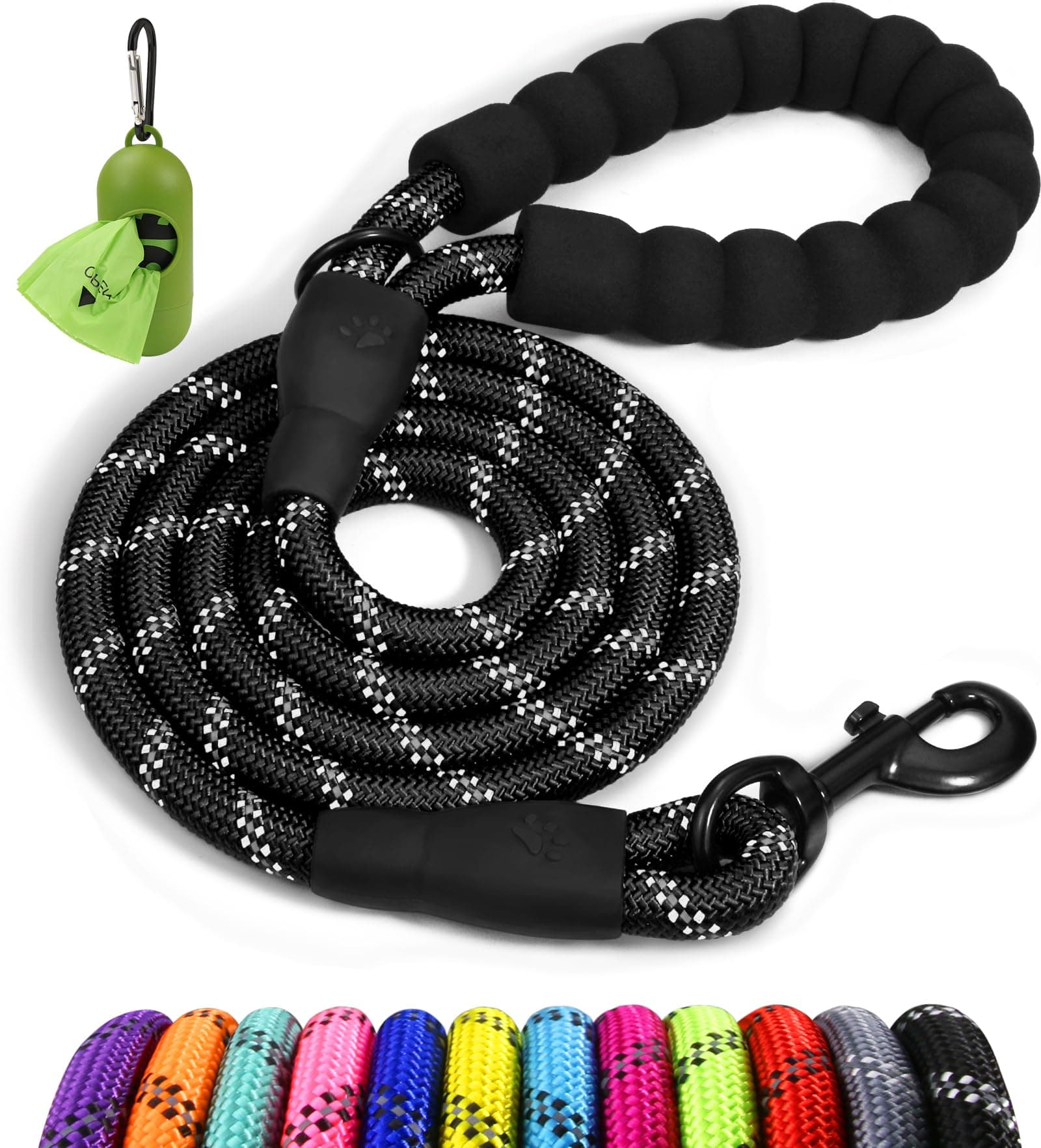 Taglory Rope Dog Lead with Soft Padded Handle, 1.8 m Reflective Lead and Multi-Colour for Medium Large Dogs, 1.2 cm, Black