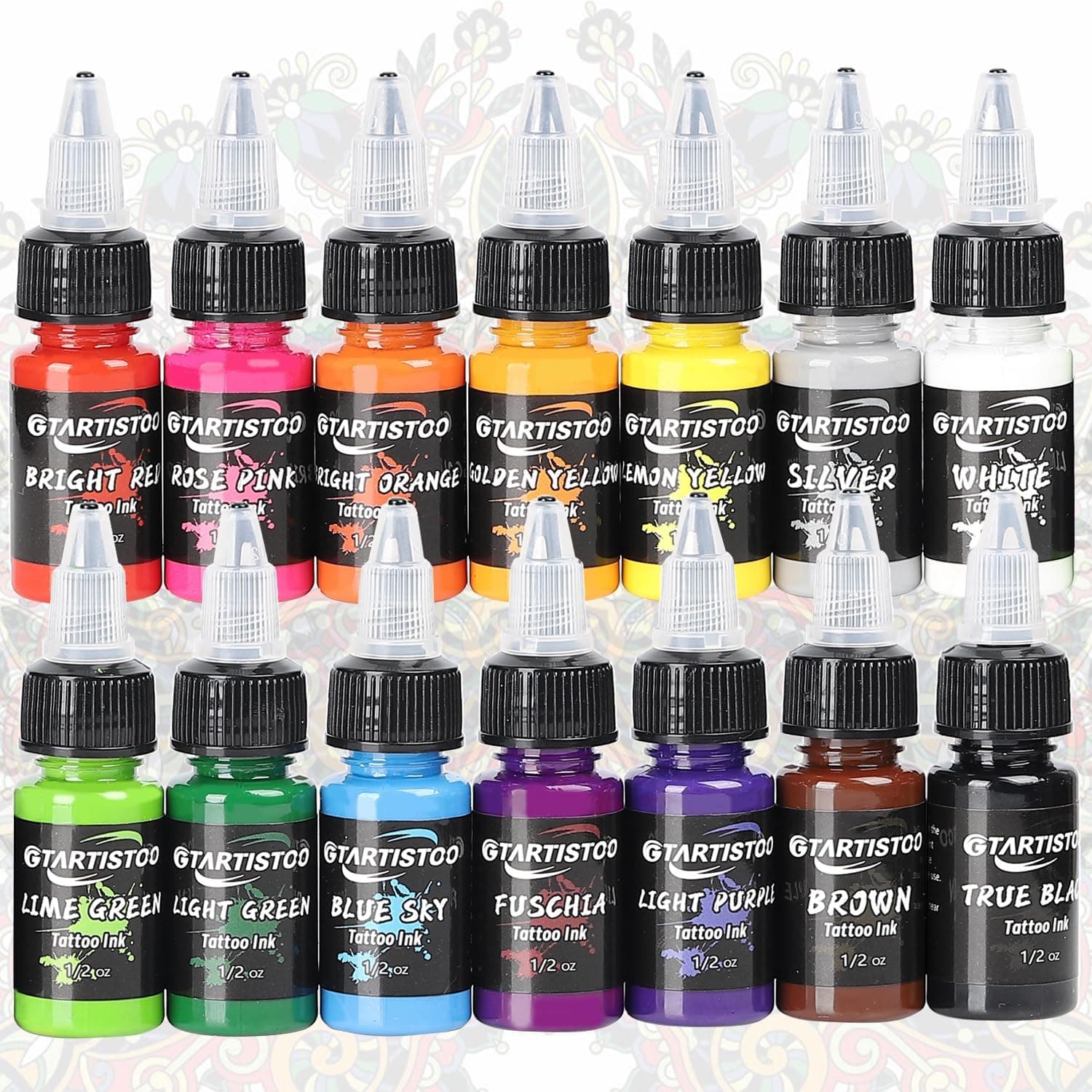 Tattoo Ink Set GTARTISTOO Professional 14 Colors 1/2OZ (15ml) Vegan-Friendly Pigment Tattoo Ink Color Set Supplies