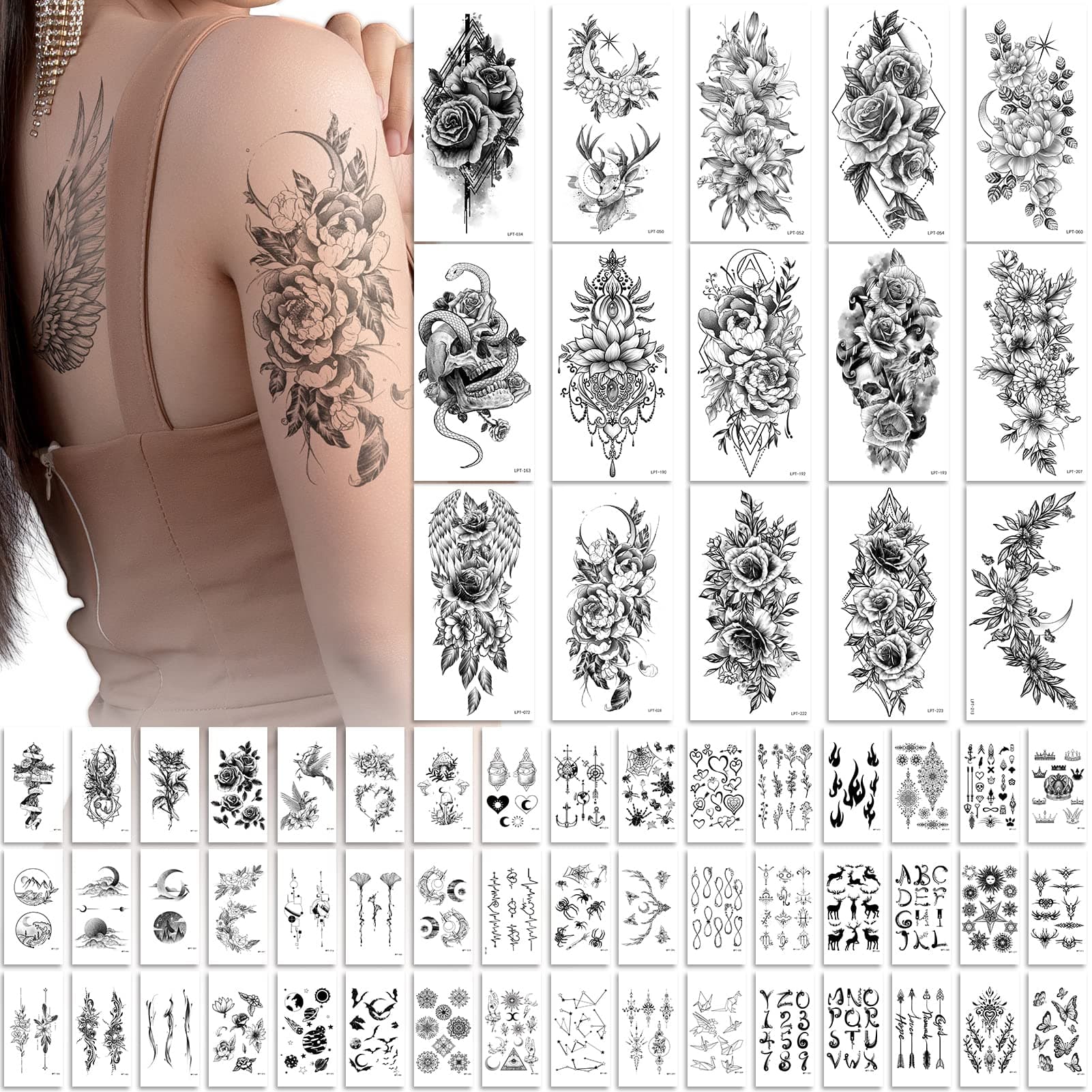 EMOME 400+ Styles Realistic Temporary Tattoos for Women, Long Lasting Semi Permanent Tattoo, Large Flowers Rose Tattoos Stickers and Fake Tattoos for Adults Girls Arm Neck Face(79 Sheets)