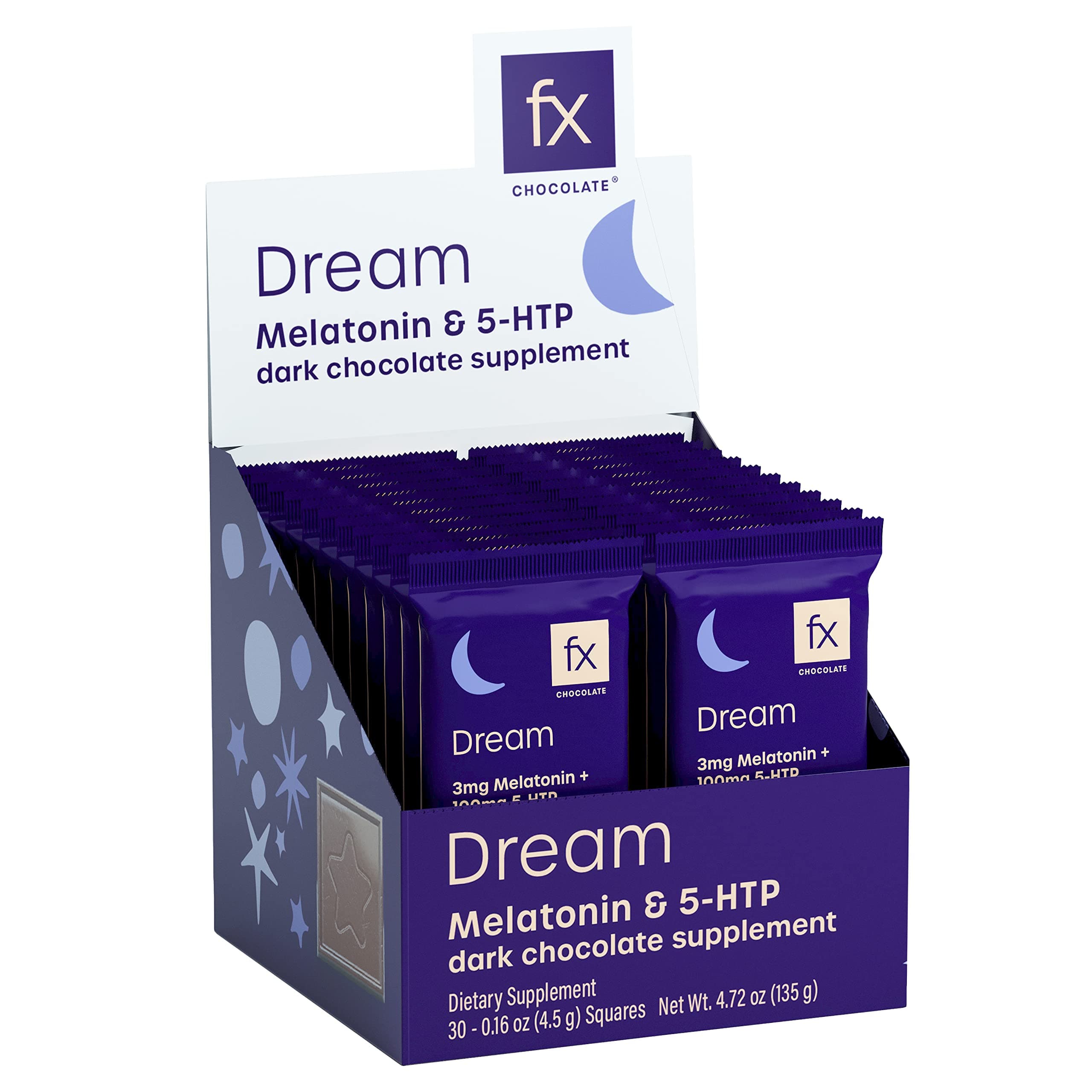 Fx Chocolate Dream - Chocolate Supplement to Support Stress Response, Relaxation + Calm - Dark Cacao with Melatonin + 5-HTP - Keto Dark Chocolate - Sugar-Free, Vegan + Non-GMO (30 Pieces)