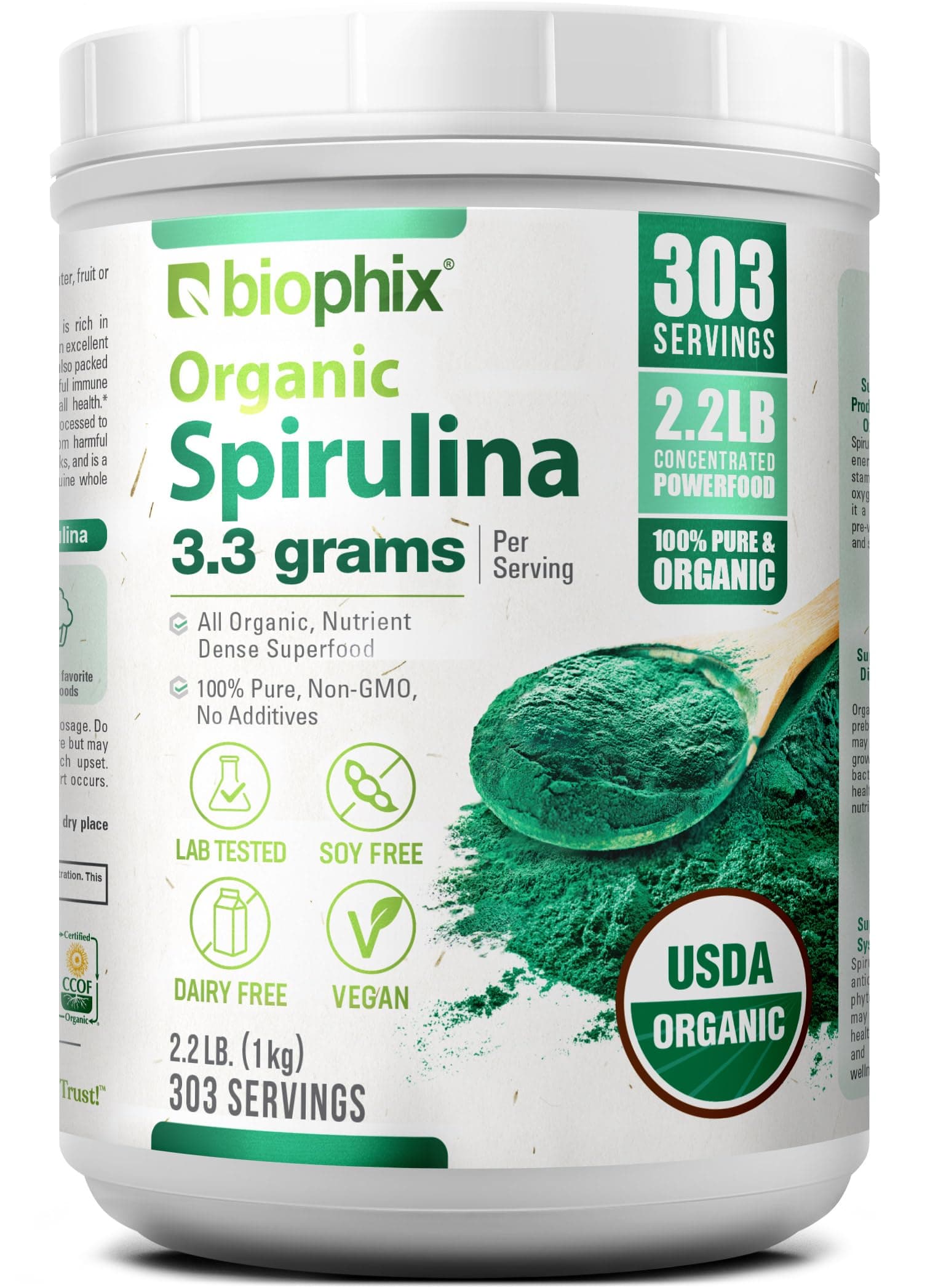 Organic Spirulina Powder, 2.2 Lbs 100% Pure Spirulina Blue Green Algae Powder, Vegan, Non GMO, Non-Irradiated, USDA Certified, Best Protein Superfood