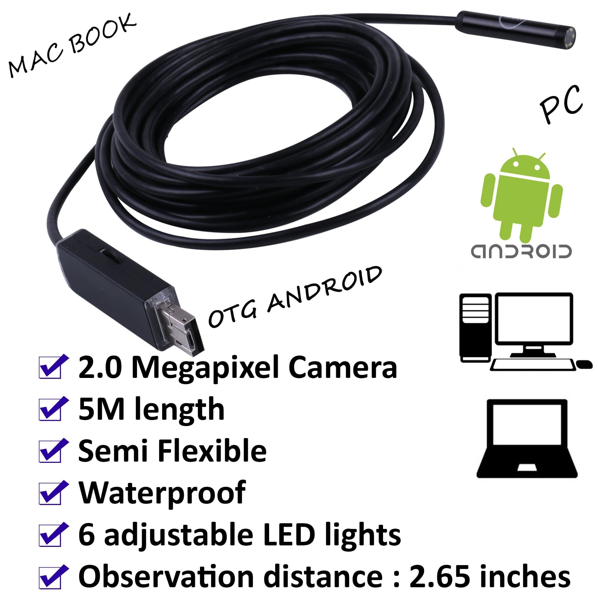 Ashmika OTG Inspection Camera, Endoscope Andriod Camera 2.0 Megapixel HD Borescope With Light, HD Waterproof Snake Camera For Android And PC, Micro USB Type B & 2.0-(5M)