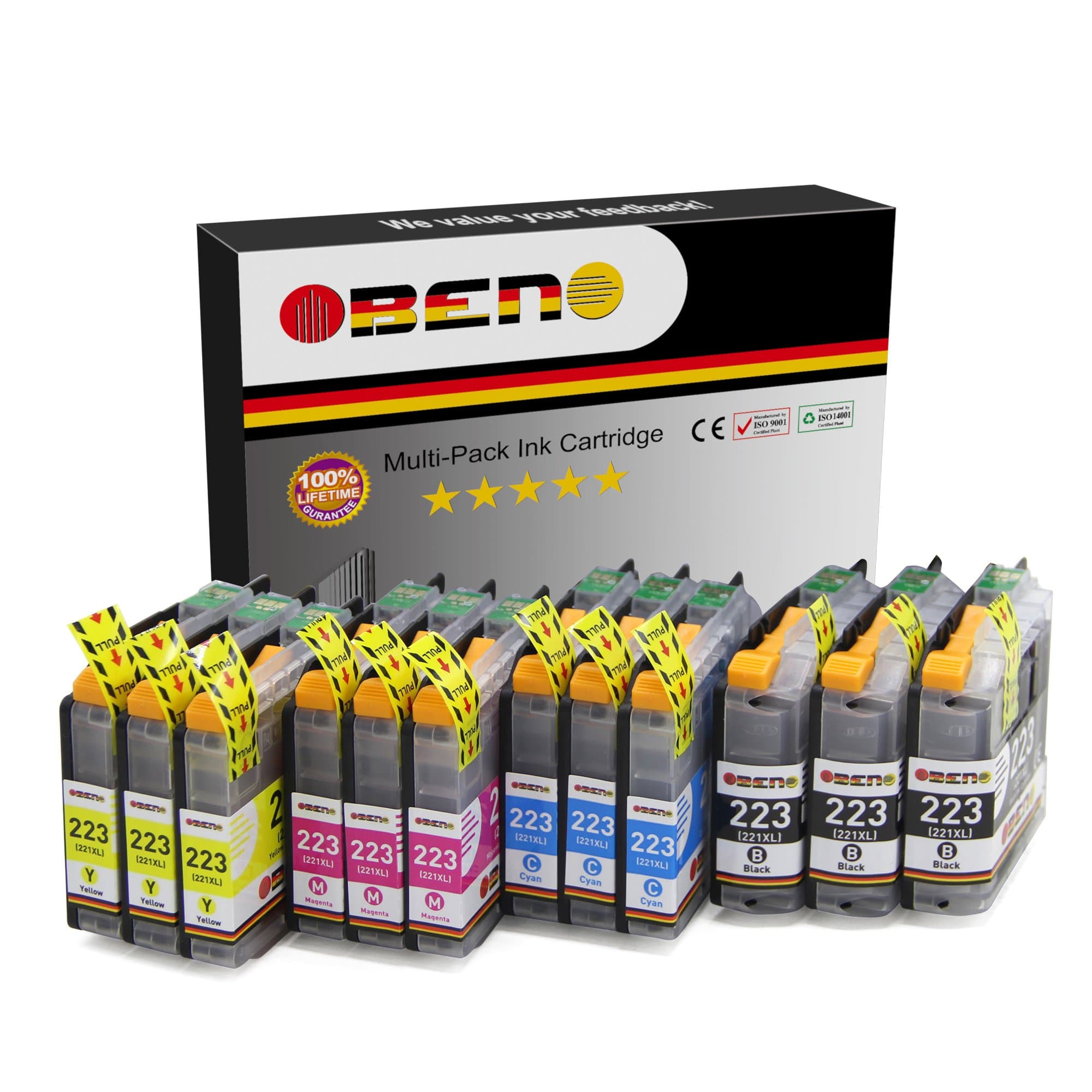 OBENO - 3 Sets - LC223 LC221 12 Pack Compatible Ink Cartridge for Brother MFC-J4420DW/J4620DW/J4625DW/J5320DW/J5620DW/J5625DW/J5720DW/J480DW/J680DW/J880DW DCP-J4120DW/J562DW(3 B, 3 C, 3 M, 3 Y)