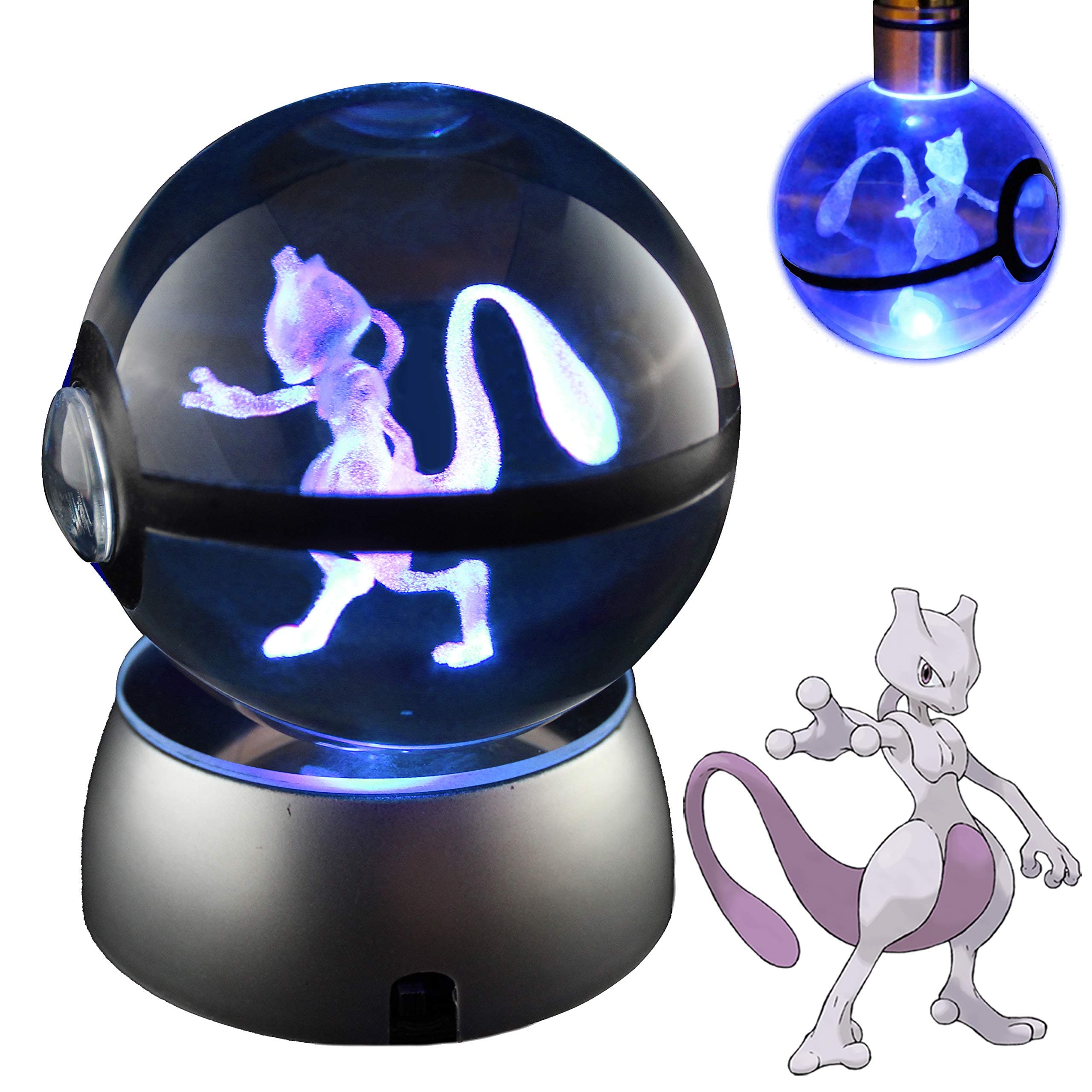 COOLINKO 3D Crystal Ball LED Night Light with LED Keychain Laser Engraving (Mewtwo)
