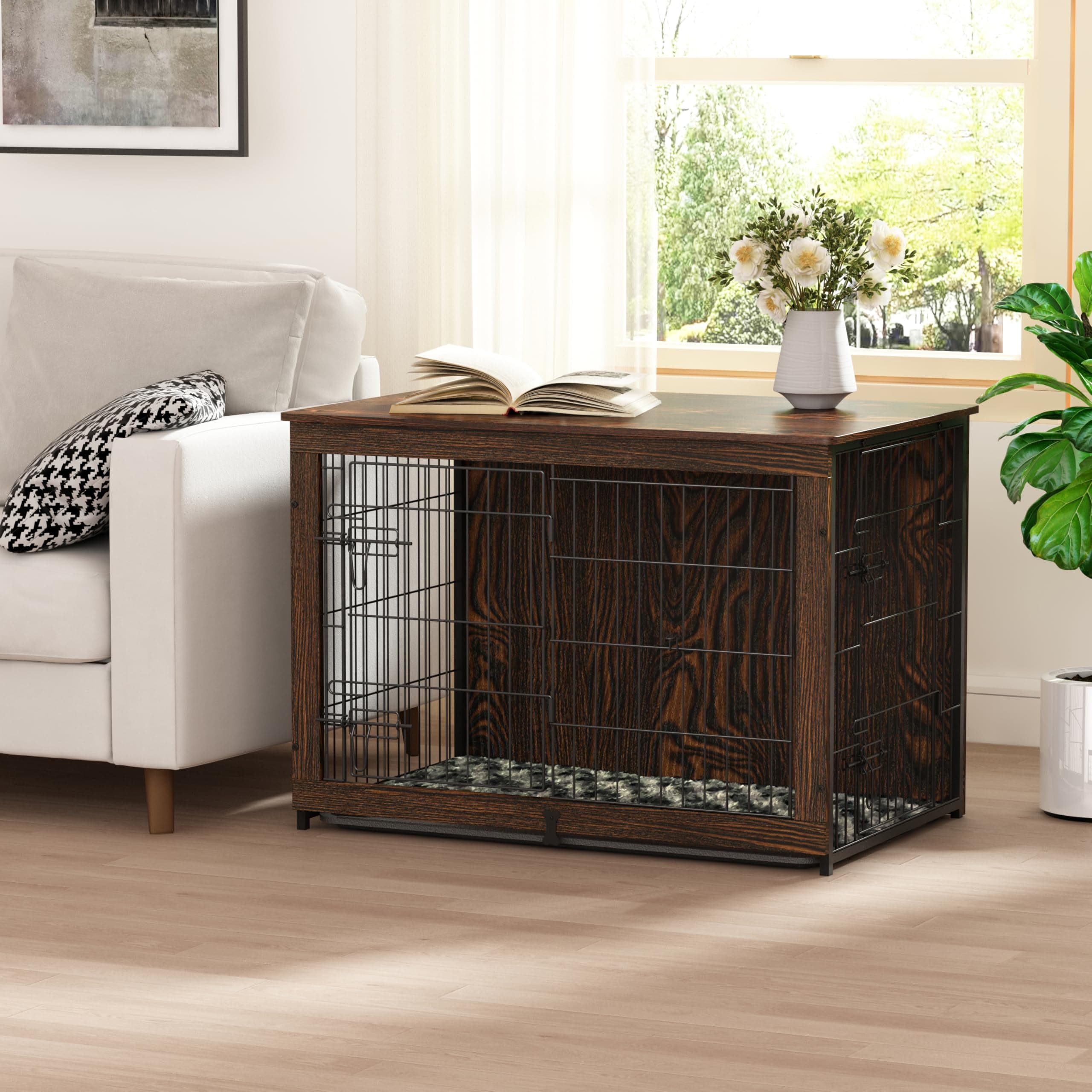Megidok Wooden Dog Crate Furniture with Cushion, Dog Crate End Table with Tray, Double Doors Dog Crate Furniture Style, Decorative Dog Kennels Indoor (37" L*25" W*26" H, Rustic Style)