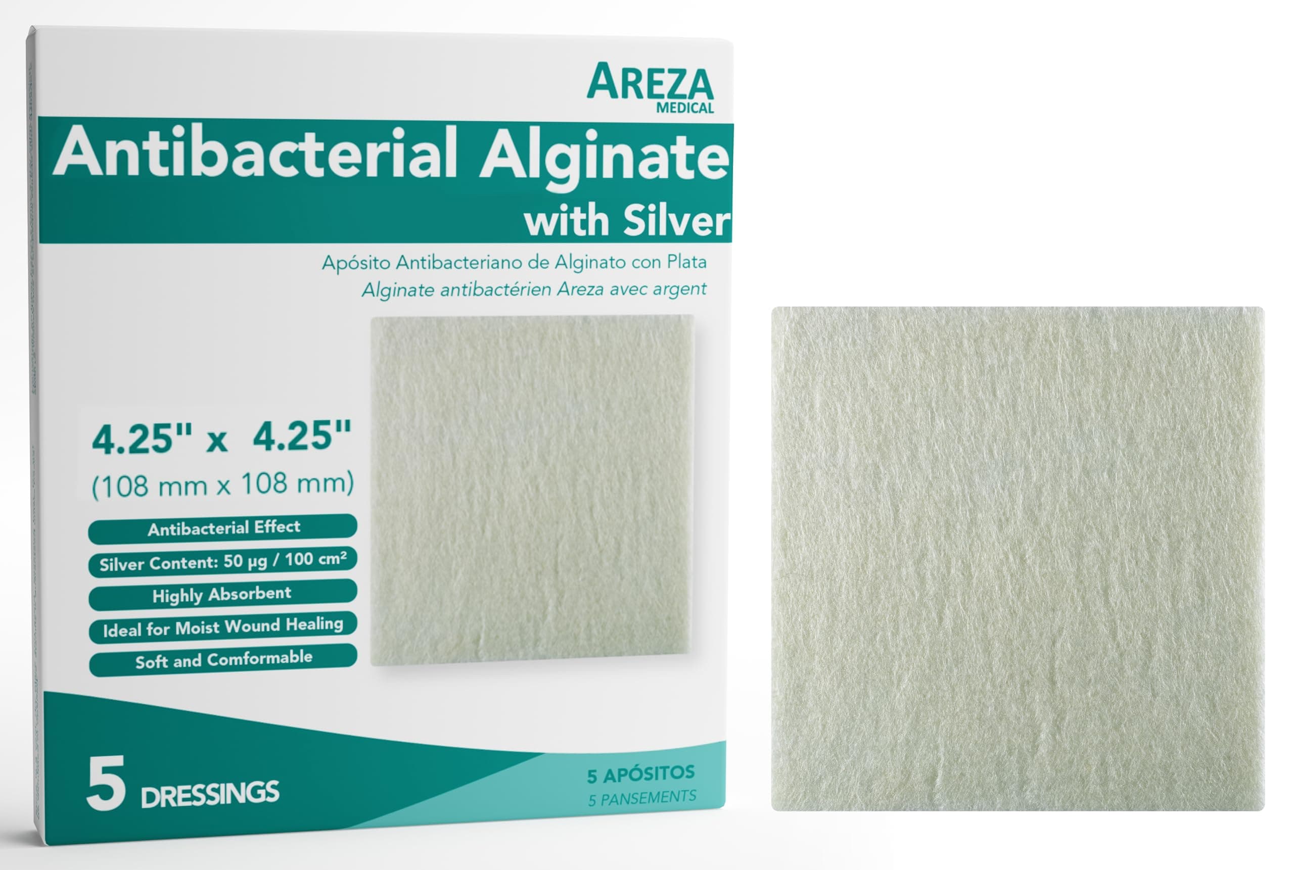Areza Silver Calcium Alginate Antibacterial Wound Dressing Pads ā Sterile, Non-Stick, Highly Absorbent; for Wound Drainage & Infection Risk (4.25ā³Ć4.25ā³, 5-Pack per Box), 1 Box