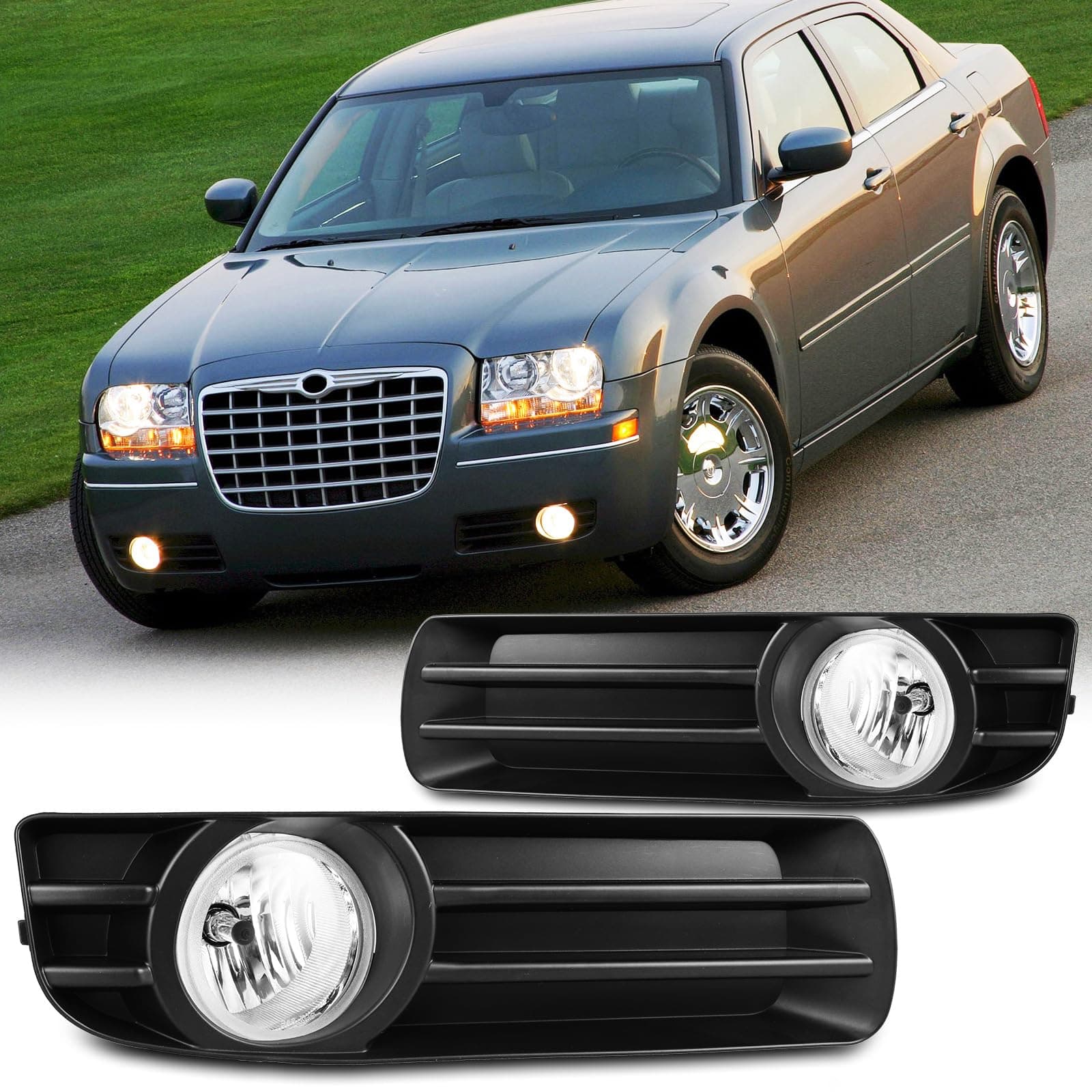 Driving Fog Lights Compatible with Chrysler 300 2005-2010 with H10 12V42W Bulbs Fog Lamps Assembly Replacement Included Wiring Kits & Switch- 1 Pair (Clear Lens)