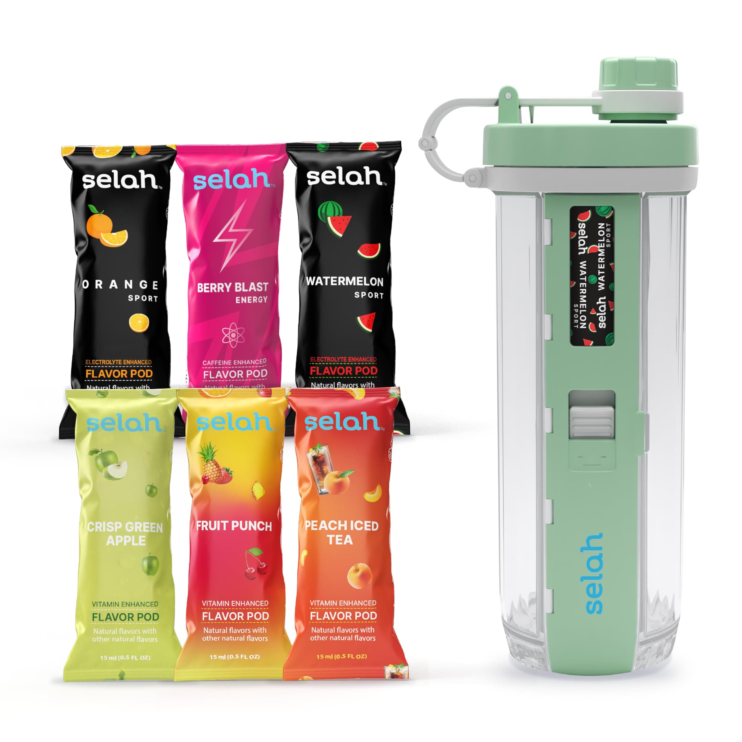 Selah Flavored Water Bottle - Water Enhancer, Sugar Free, Vitamin Infused Water - 20oz Water Bottle With Flavor Pods Included - Energy Drink, Strawberry, and Sports Drink Pods (Green, 6 Flavor Pod)