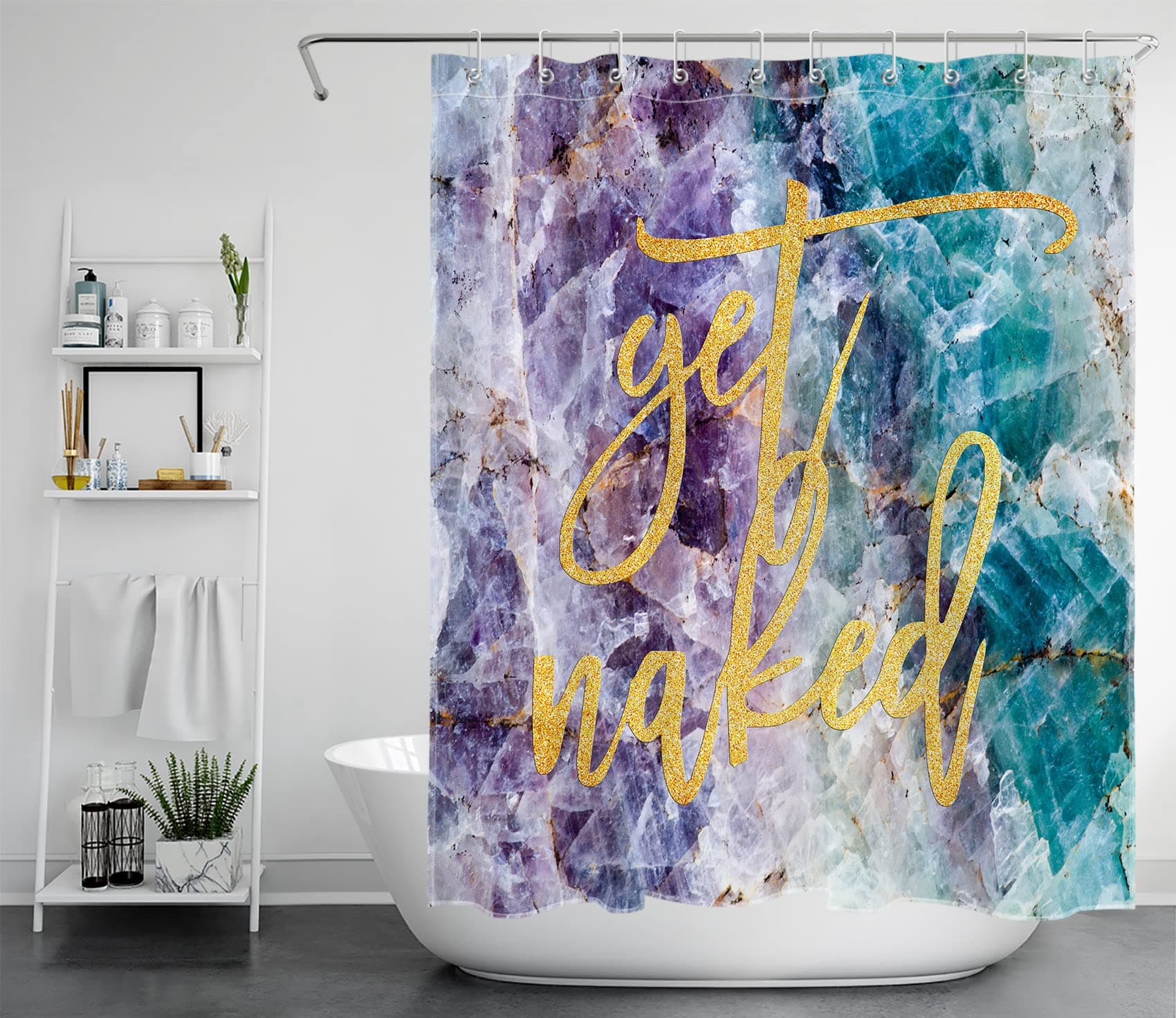 LB Get Naked Marble Shower Curtain Funny Quotes Font with Hooks,Purple Blue Crystal Mineral Marble Bathroom Curtains Fashion Popular Style 60x72 inch Waterproof Polyester Fabric,Gold Orange Yellow