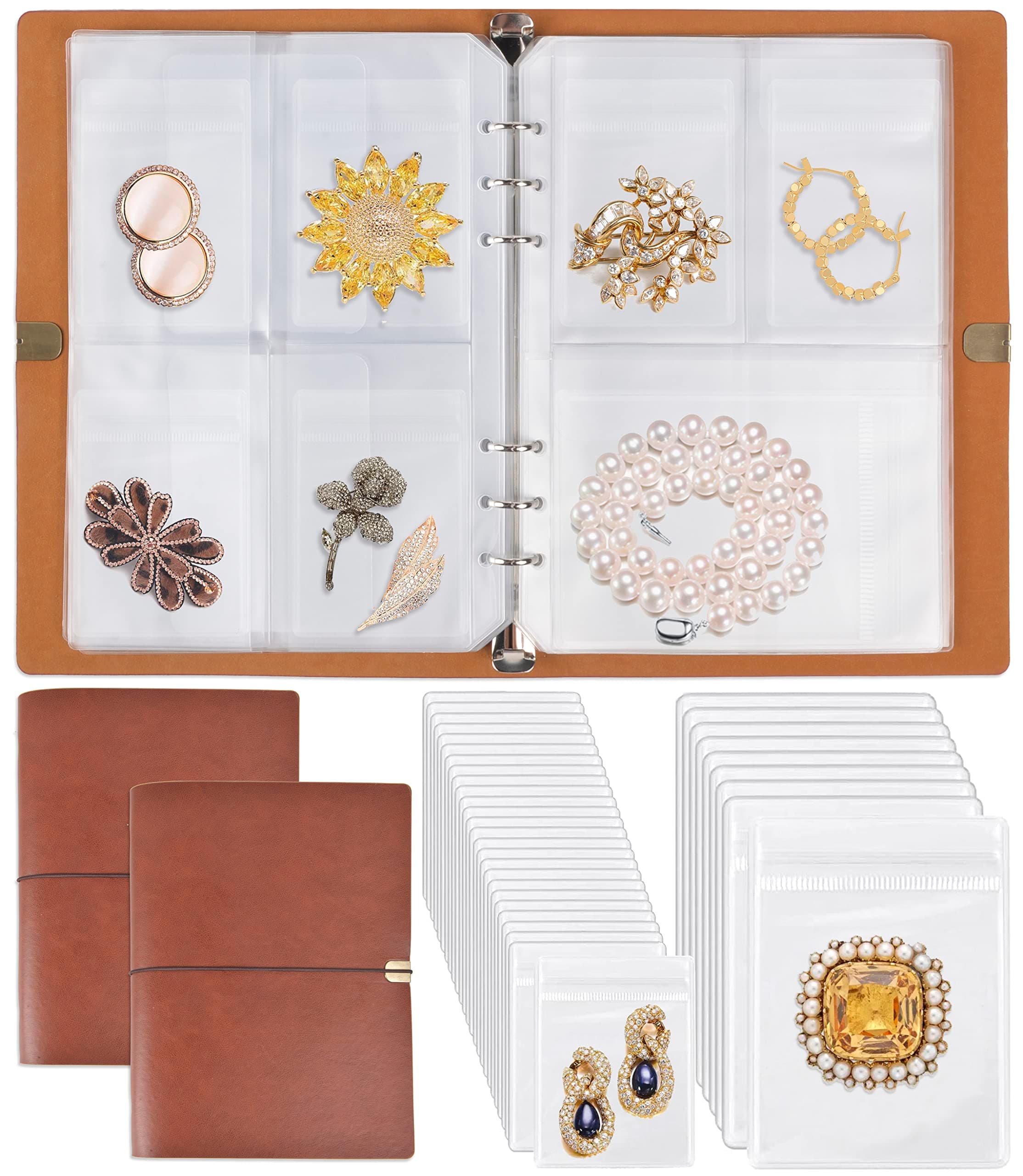 Jewelry Organizer, 2 Pack Jewelry Storage Book with Pockets, Foldable Earrings Travel Album, PU Leather Accessories Holder Booklet for Bracelets Necklace Rings (128 Grids+128 Anti-Oxidation PVC Bags)