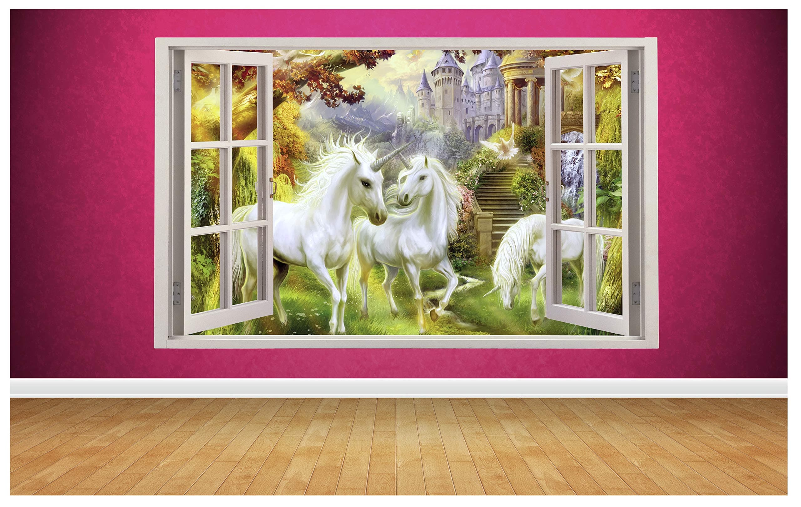 Beautiful Unicorn Window Scene 3D Style Wall Art Sticker (Large: 94cm x 58cm)