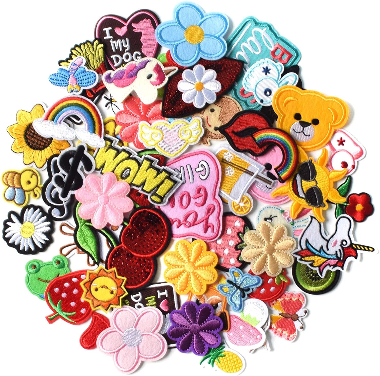 KASTWAVE Patches for Clothing, 60 PCS Embroidered Iron On Patches DIY Accessories, Random Assorted Decorative Patches, Cute Sewing Applique for Jackets, Hats, Backpacks, Jeans, 60 Pieces Package