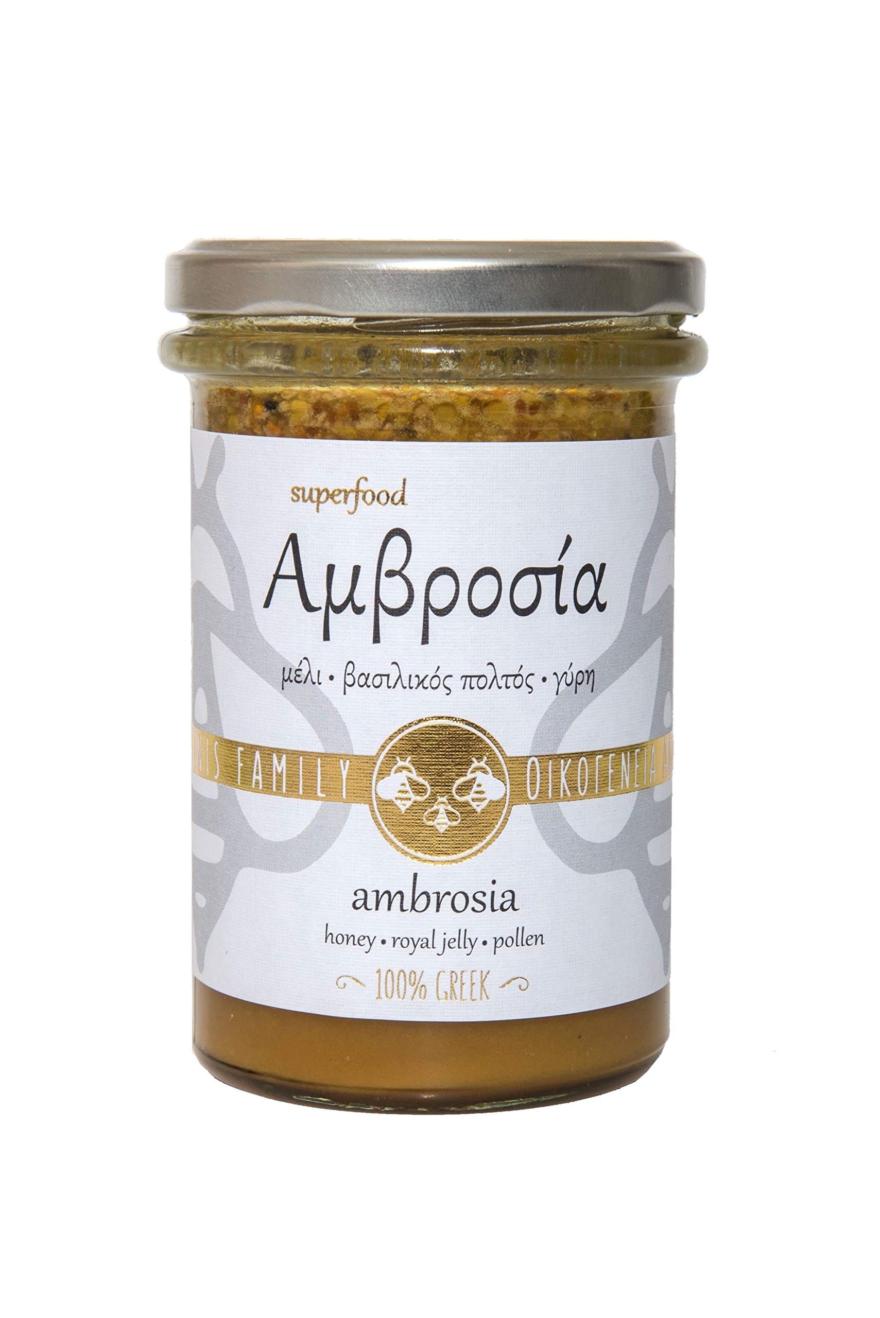 Alabasinis Family Greek Ambrosia with Honey, Pollen and Royal Jelly, 420 g - Contains 100 Grams Pollen , 10 Grams Royal Jelly.