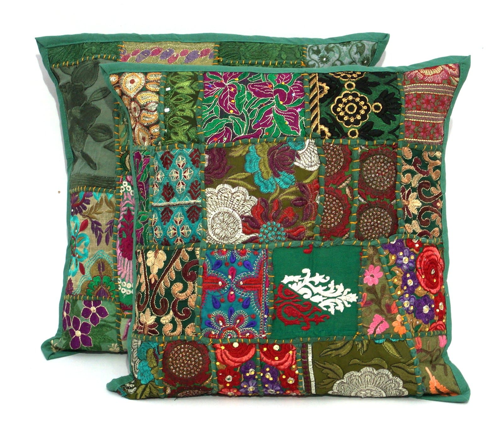 2pc Embroidered Sari Patchwork Cushion , Indian Ethnic Pillow Covers , Pillow Sari Patch Throw Pillow Bohemian Pillows Handmade Patchwork Cushion 16x16" Green