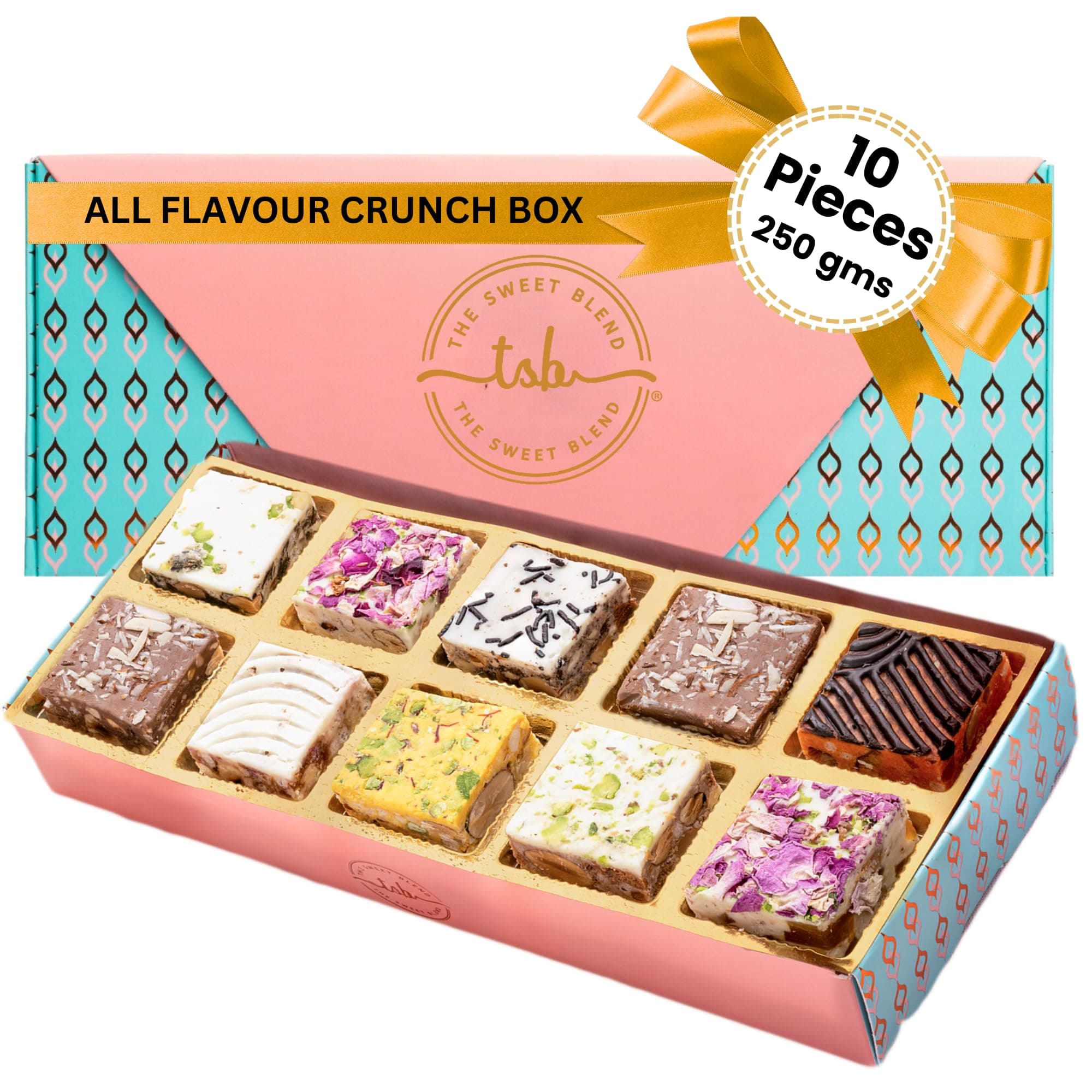 THE SWEET BLEND All Flavours Crunch Box | 10 Unique Flavours of Crunchy Chocolate Mithai | Sweet Fusion Snack Bites | Gift Box | 250 g | Ideal Gift for Diwali