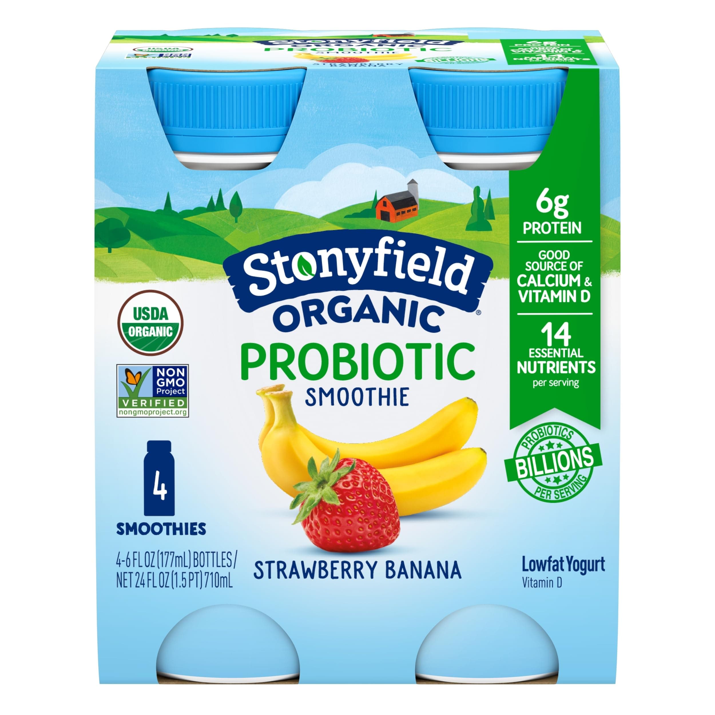 Stonyfield Farm Strawberry Banana Probiotic Smoothie, 6 Fl Oz, 4 Pack