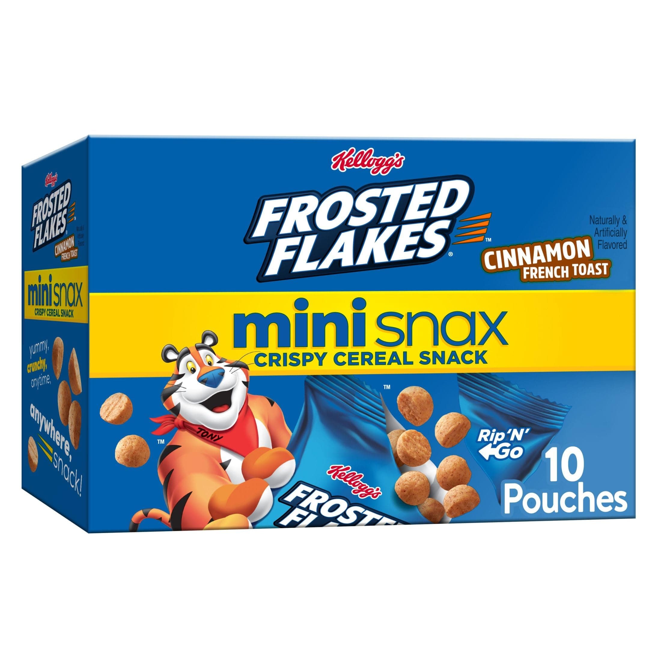 Kellogg's Frosted Flakes Mini Snax Crispy Cereal Snacks, Kids Snacks, Lunch Snacks, Cinnamon French Toast, 9.5oz Box (10 Pouches)