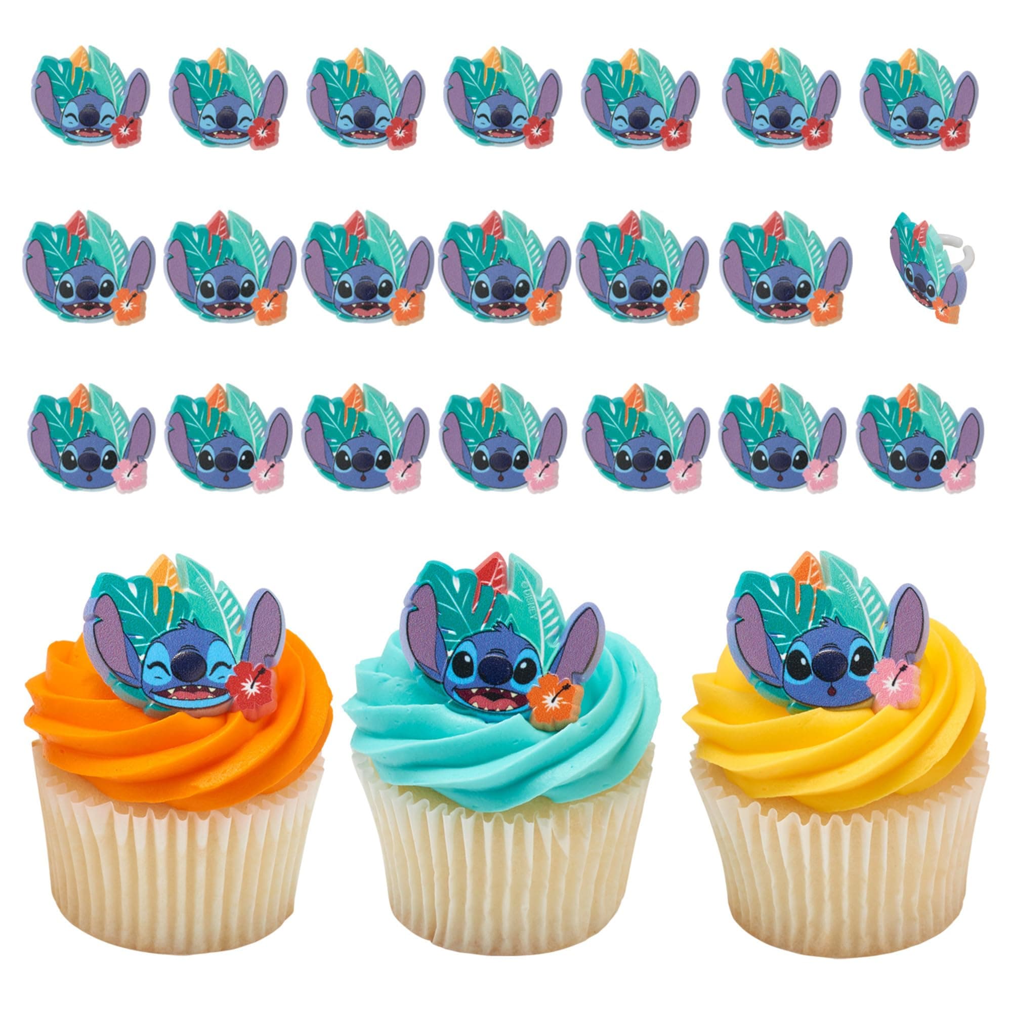 Disney's Stitch 'Ohana Cupcake Rings, 24 Lilo & Stitch Cupcake Decorations For Birthday Parties & Celebrations, Food Safe Cake Toppers – 24 Pack