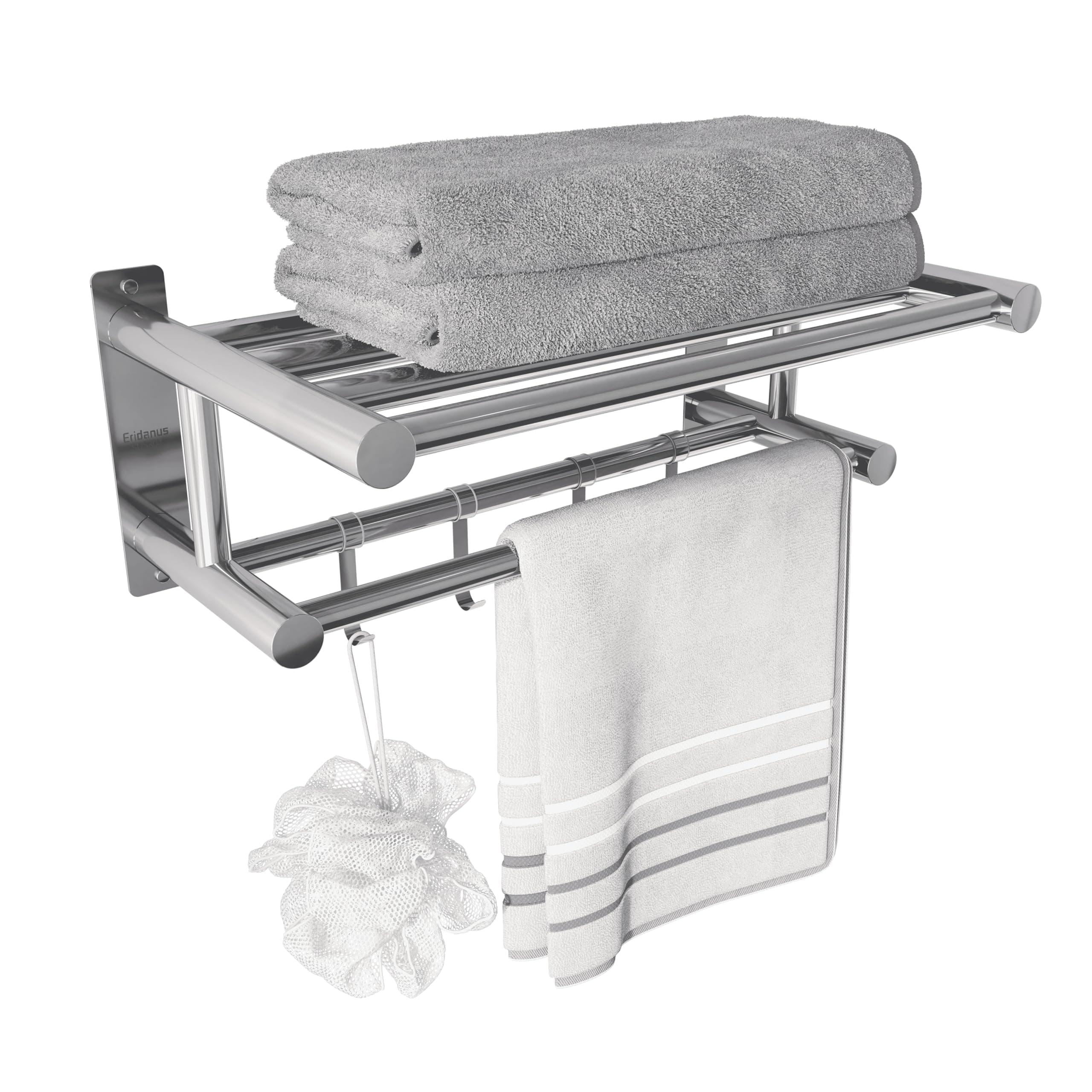 Eridanus Bathroom Towel Rack with Sliding Hooks, Wall-Mounted Towel Rail Stainless Steel Towel Holder with Dual Row Towel Shelf, Hotel Style Shower Shelf Organizer, Chrome - 40 cm Long