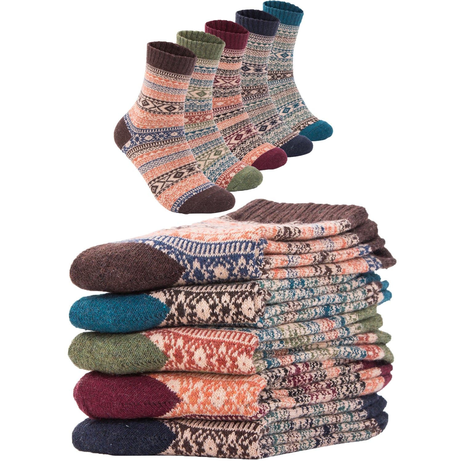AJXMGMens Winter Warm Wool 5 pairs Crew Cute Socks Mixed Color