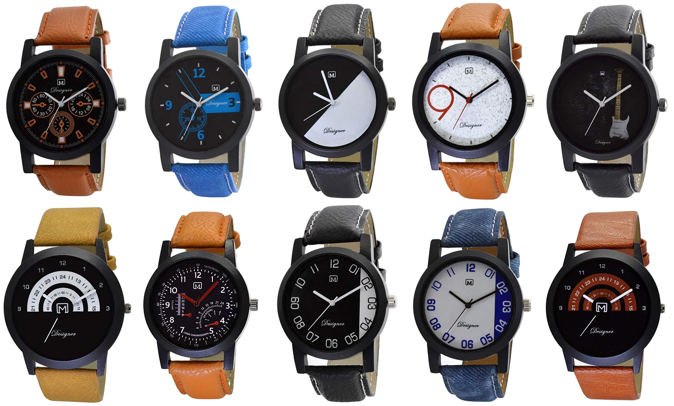 OM DESIGNERLeather Analogue Men's Watch (Multicolored Dial Multi Colored Strap) (Pack Of 10)