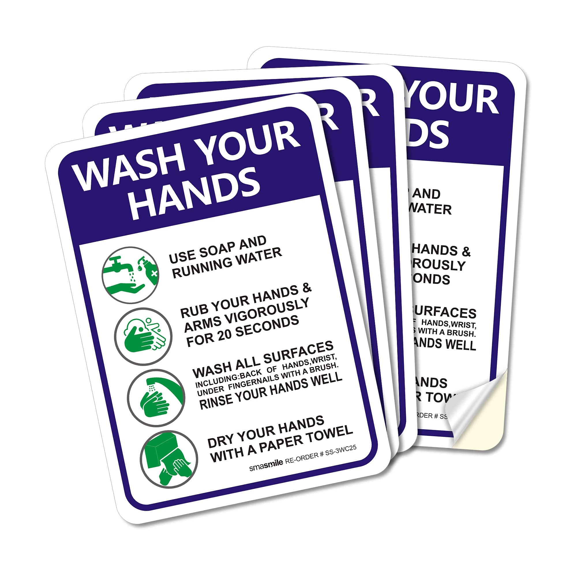Please Wash Your Hands Sign Stickers, 4 Pack 7x10 Inch 4 Mil Self-Adhesive Vinyl, Weatherproof and UV Protected, Indoor & Outdoor, Employees Hand Washing Sign