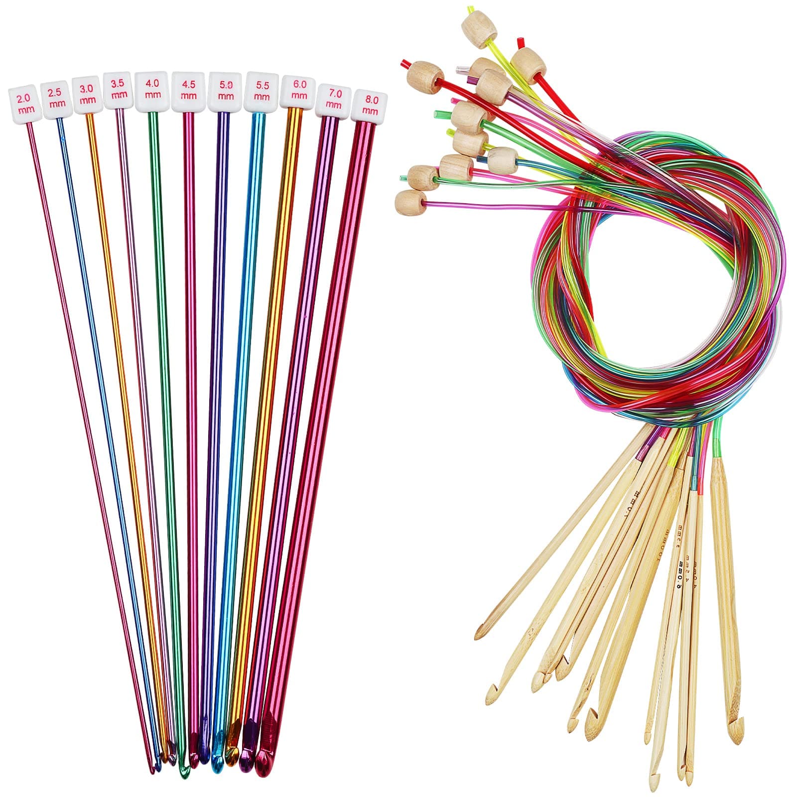 Coopay 23 PCS Tunisian Crochet Hooks Set Including 11 PCS 2.0-8.0mm Metal Long Crochet Hooks & 12 PCS 3.0-10.0mm Carbonized Bamboo Afghan Crochet Needles with Cable, Crochet Hook Set Extra Long