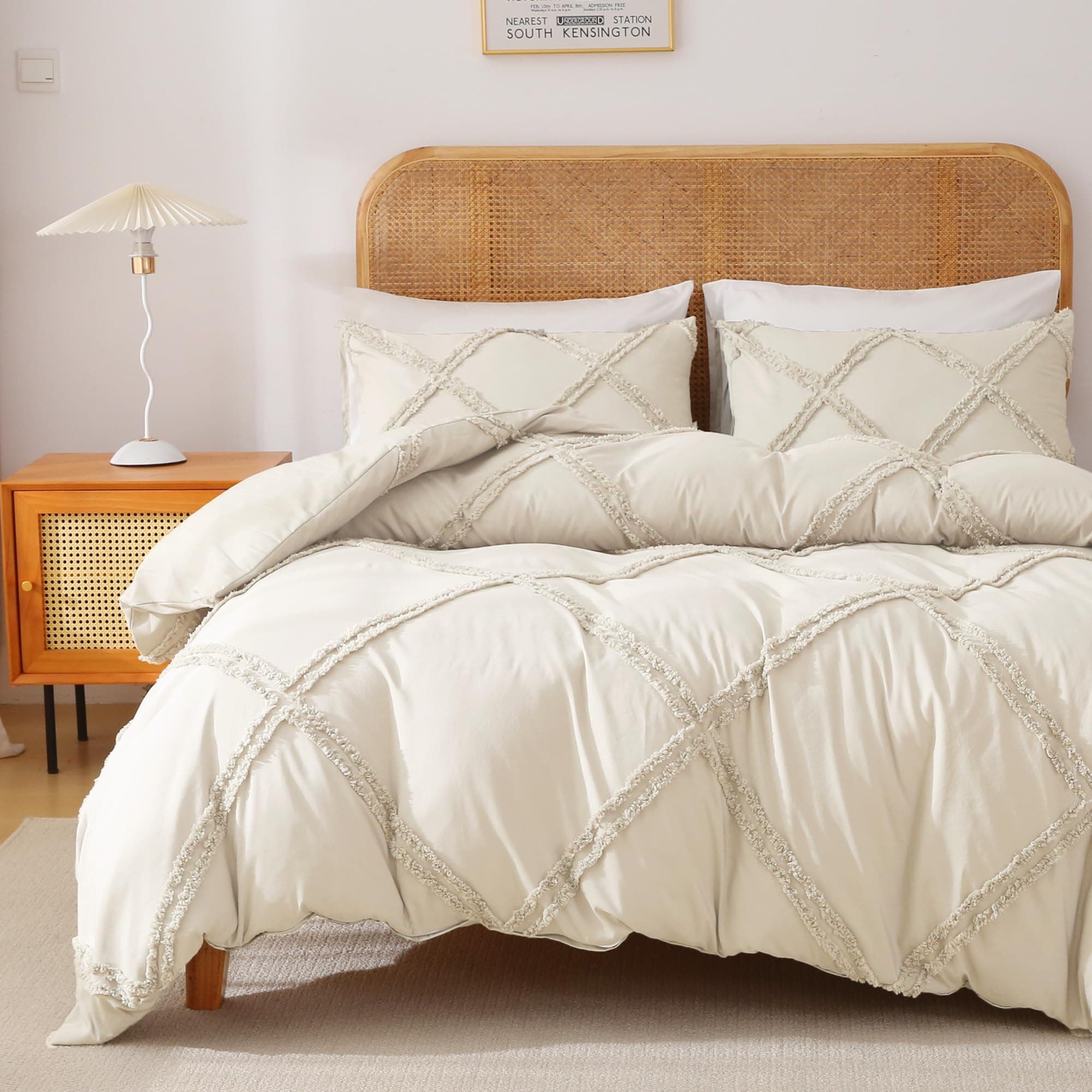 MILDLY Boho Duvet Cover Beige - Tufted Comforter Cover Set Geometric Textured Jacquard Queen Size Bedding Set with Corner Ties & Zipper Closure