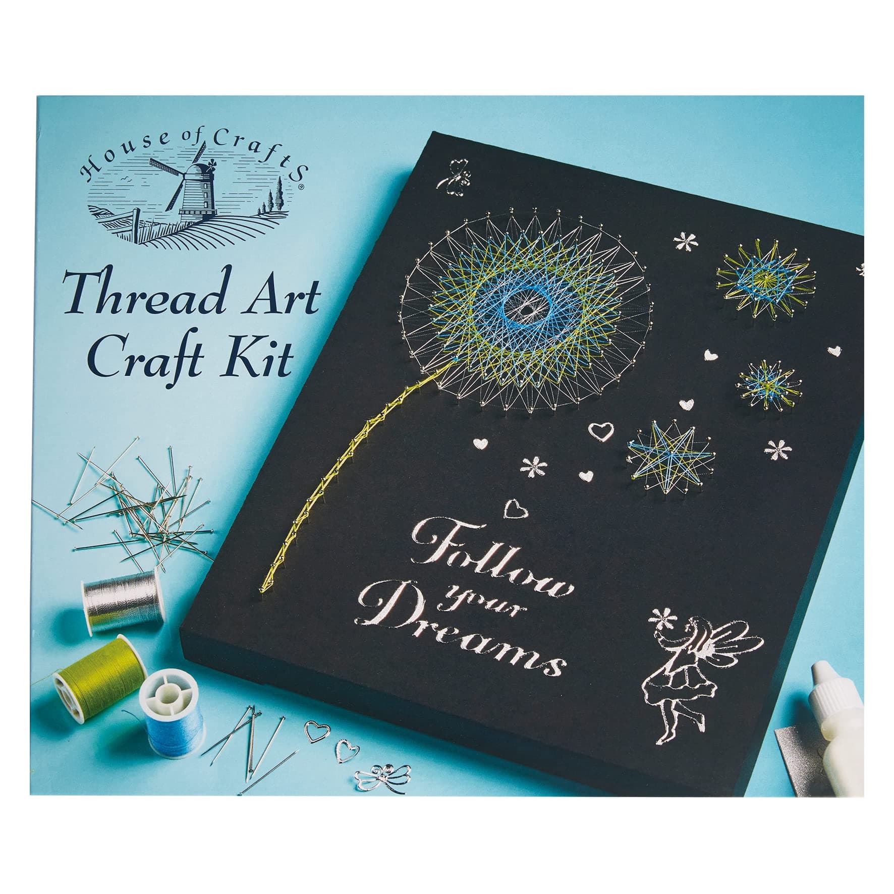 House Of Crafts Thread Art Craft, Single Craft Kit Set, Multicoloured, Includes 3 Thread Colours, Pins, Polystyrene Base, Background Card, Backing Board, Embellishments, PVA, Patterns/Instructions