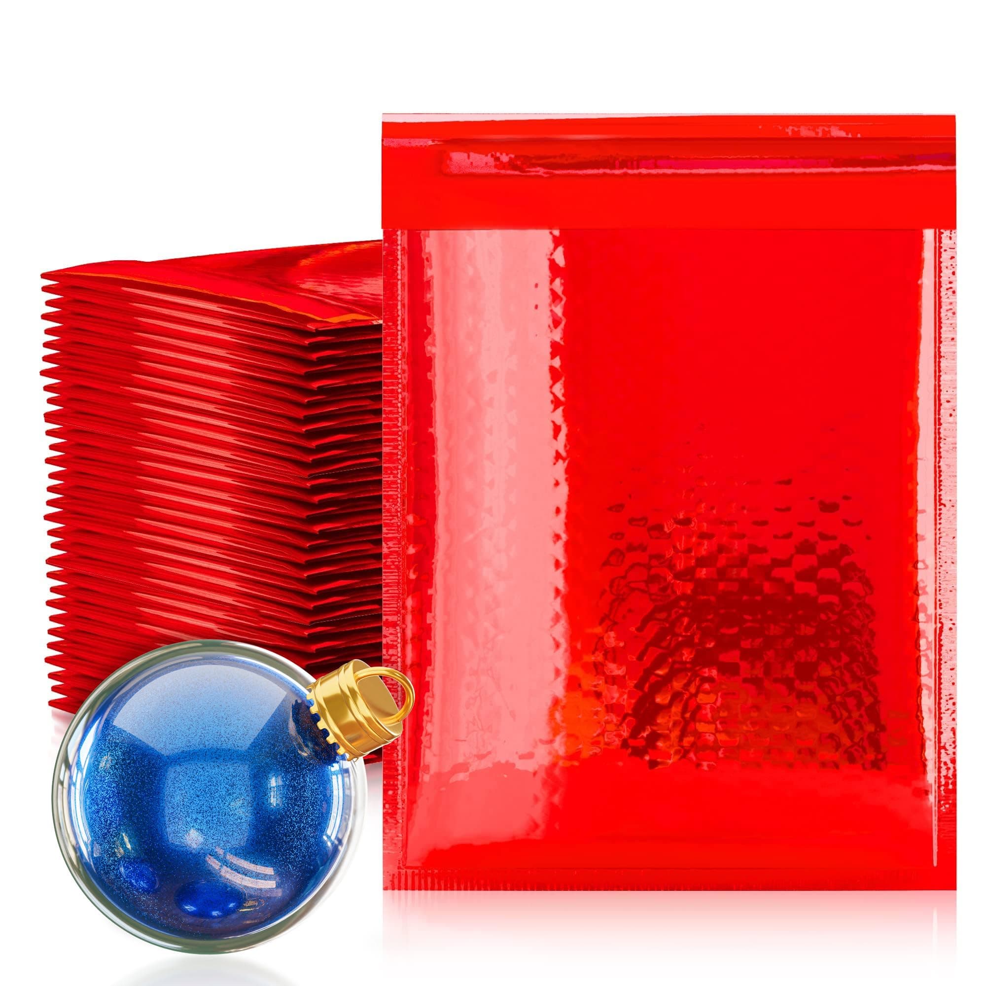 Amiff Red Metallic Bubble Mailers, 7.25 x 11 Inches. 25 Pack Metallic Padded Bubble Mailers. Waterproof Padded Envelopes Metallic. Bright Foil Shipping Envelopes for Fragile Things