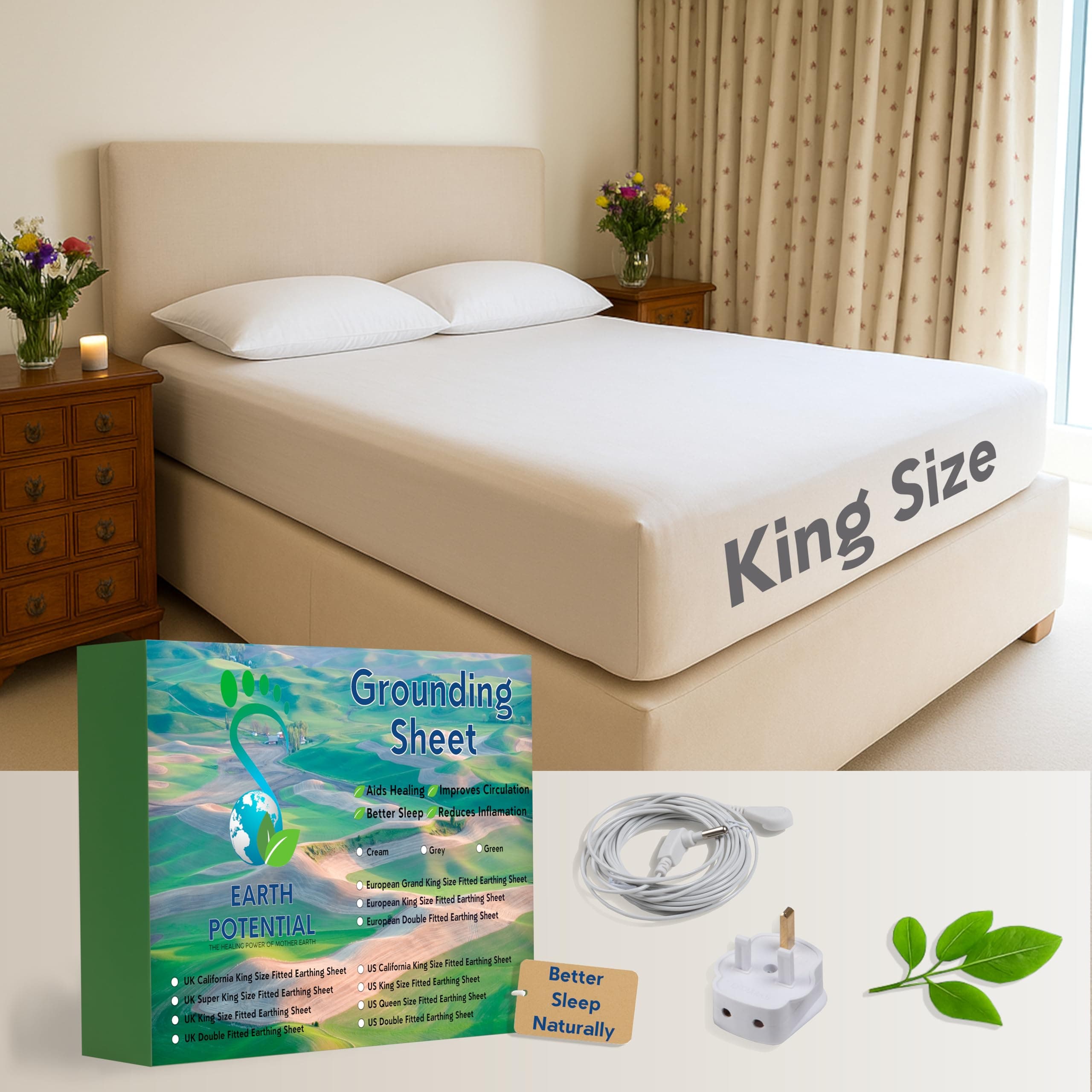 Earthing Grounding Fitted King-Size Sheet – 95% Cotton and 5% Soft Silver Thread for Healing Sleep - supplied complete with a 5m cable and UK double outlet grounding plug, by Earth Potential.