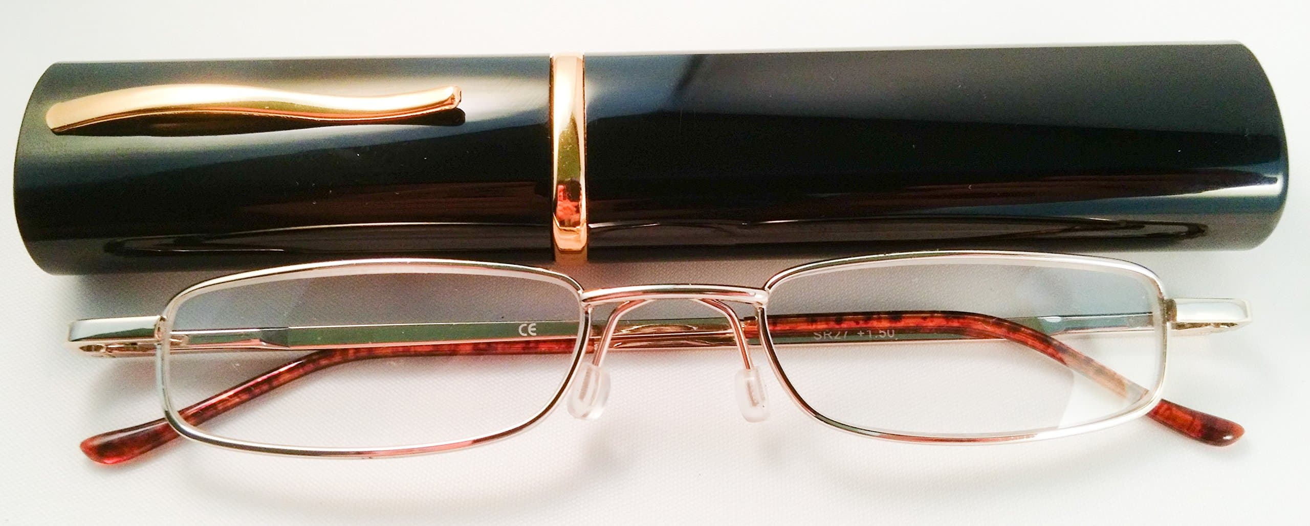 Compact Size Unisex Reading Glasses Portable Pocket Clip Eyeglasses Case Gold Frame +1.50