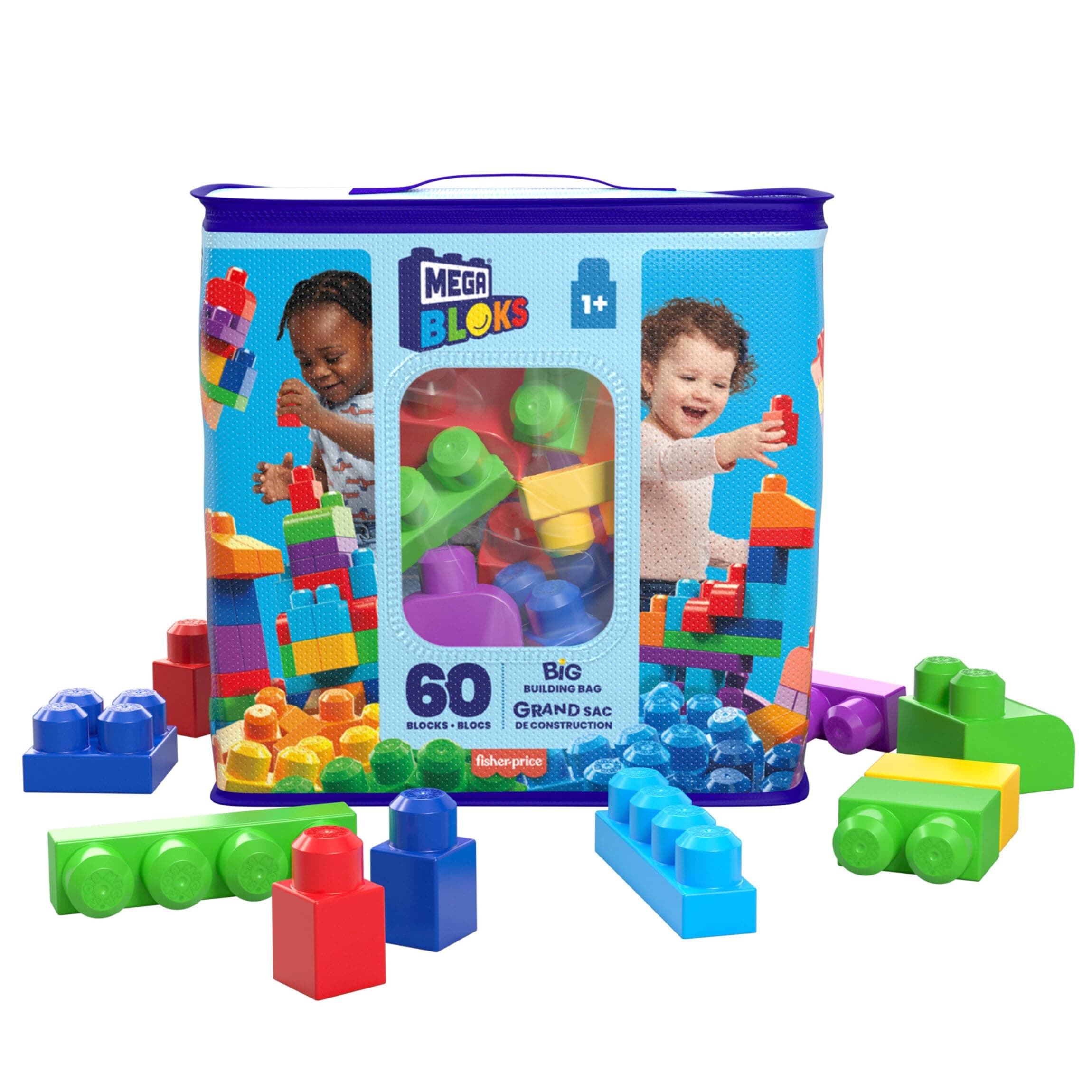 Big Building Bag Building Set With 60 Big And Colourful Building Blocks, And 1 Storage Bag, Toy Gift Set For Ages 1 And Up