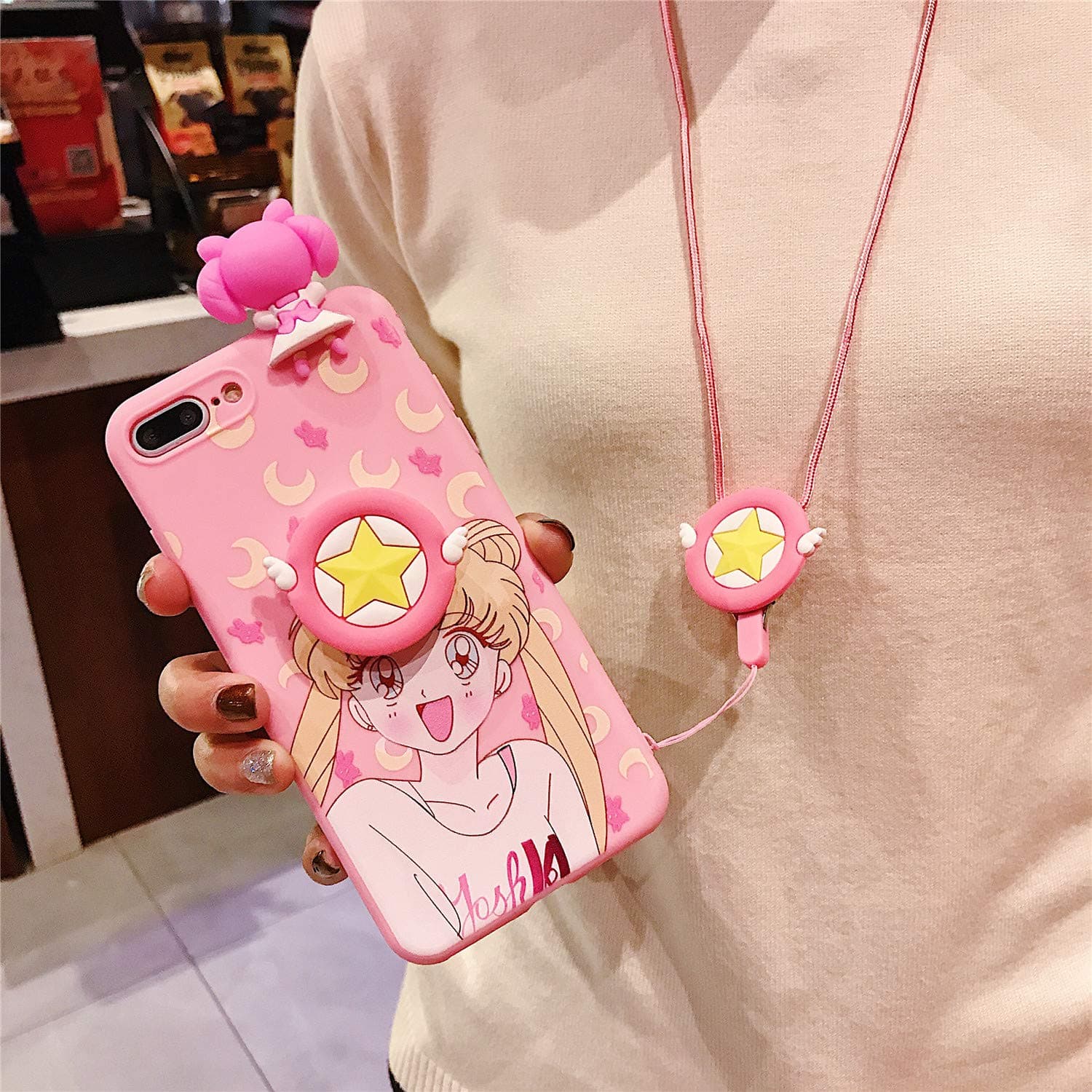 MOQINO Cartoon Funny Pink Sailor Moon For iPhone Case Holder Stand Strap Soft TPU Case Cover Phone Case (Style 1,For iPhone 7 Plus/ 8 Plus)