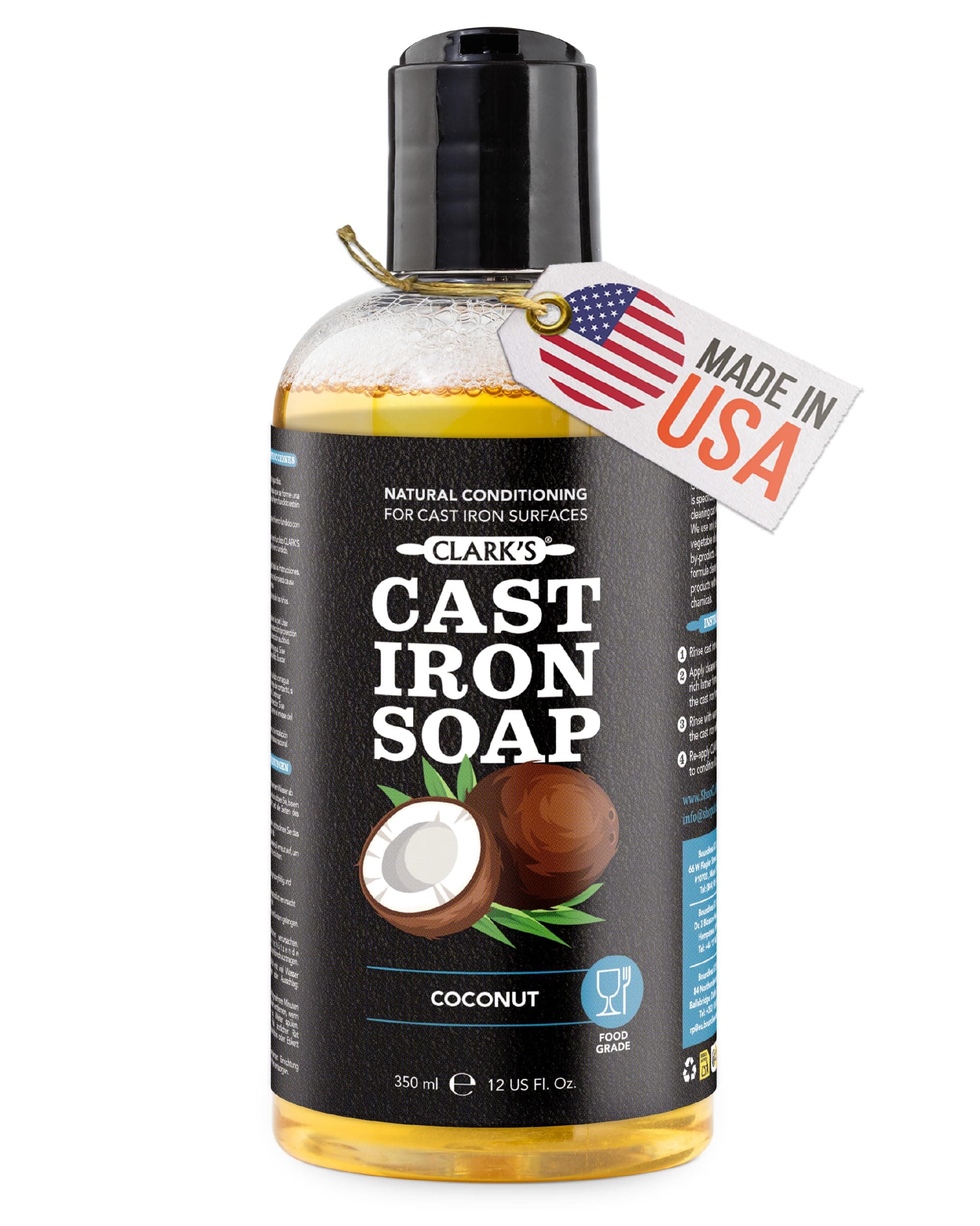 CLARK'S Cast Iron Cleaner 12 oz, Made in USA, Plant Based Coconut Cast Iron Soap for Skillets, Griddles Etc. - Protects, and Restores Cookware