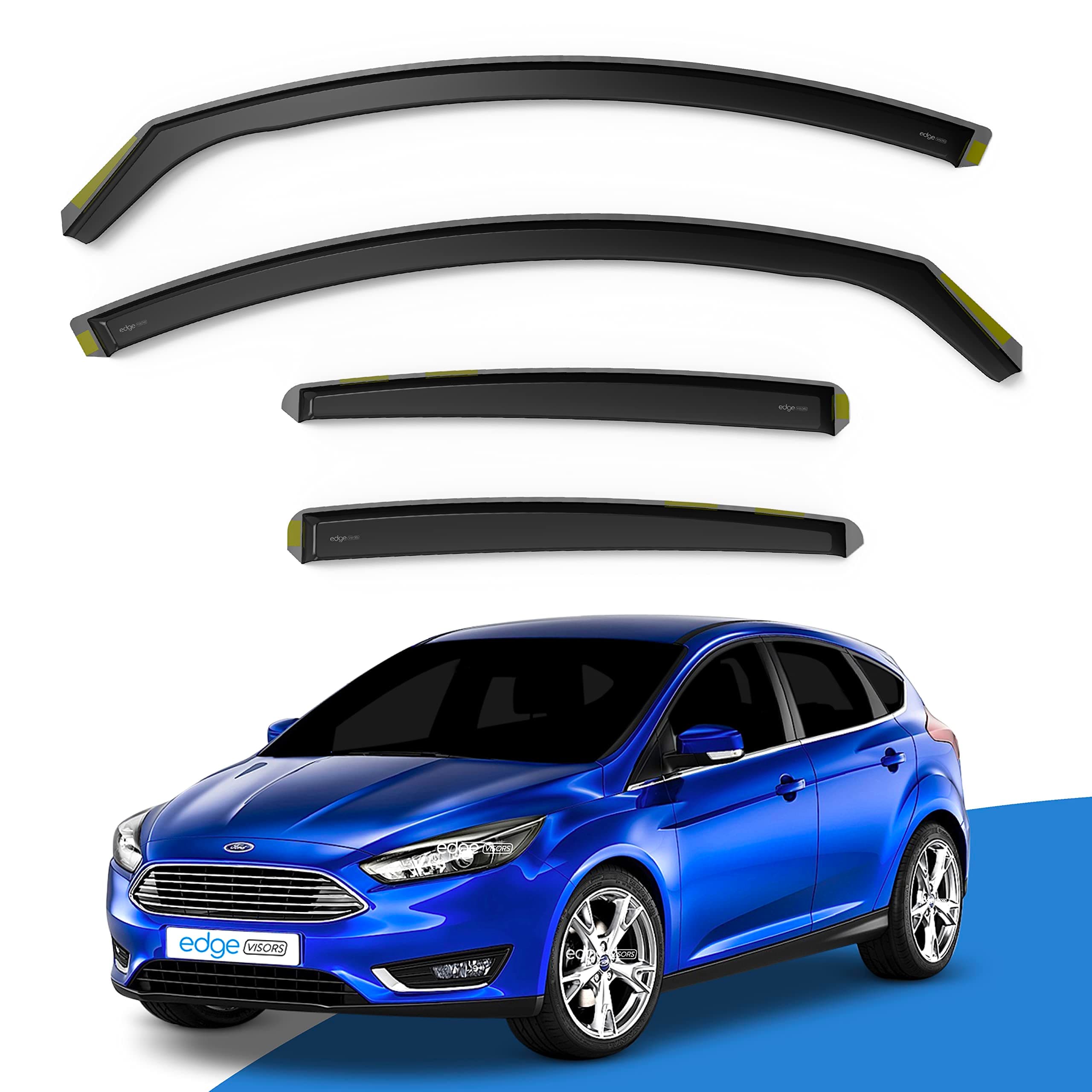 EdgeVisors Wind Deflectors | Fits: Ford Focus MK3 (2011-2018) 4/5 Door Saloon/Hatchback 4pc Set | In-Channel Rain Guards for Wind, Rain & Sun Protection, Easy Installation - Tinted