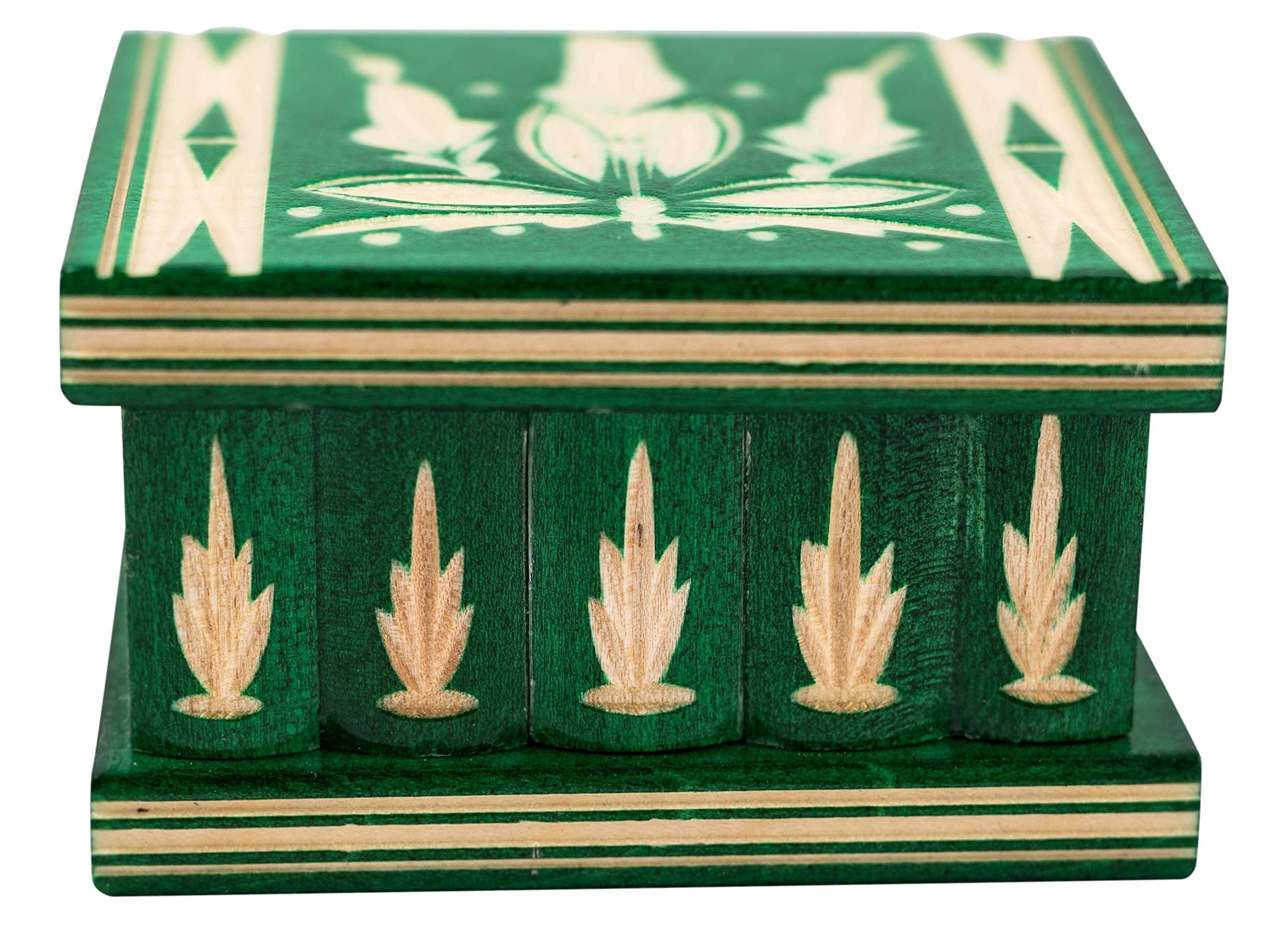 Eastern European Wooden Puzzle Box – Handmade in a Traditional Style – Secret Box with Key – Unique Carvings - Small (Green)