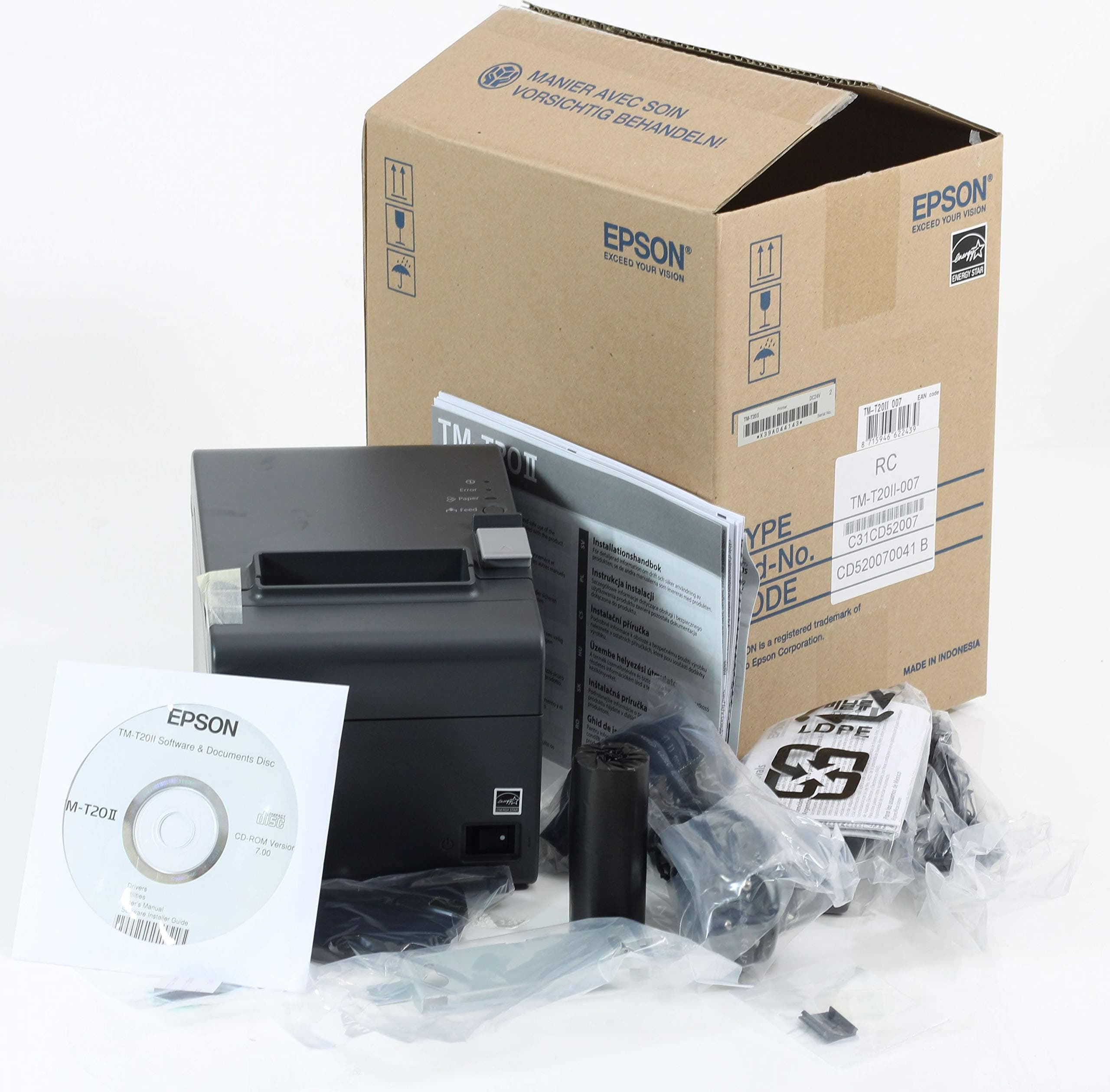 Epson TM-T20II (007) Ticket Printer for POS, Thermal, 200 mm/s 203 x 203 DPI, Lithium, Ethernet Interface