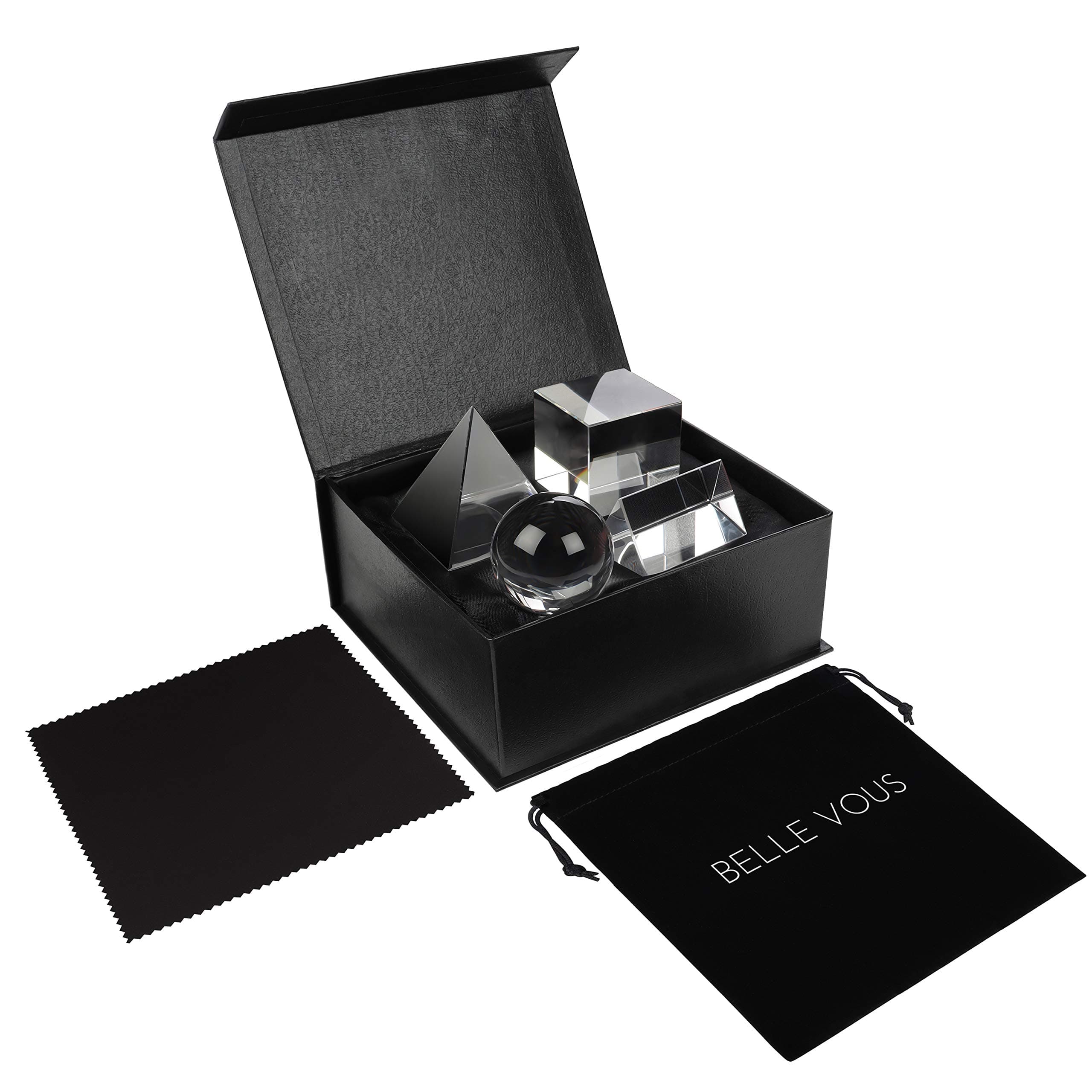 BELLE VOUS Glass Prism, Cube, Crystal Ball & Pyramid Photography Accessories Set - Refractor Photography Props with Pouch, Cloth & Box - Physics/Photography Gifts