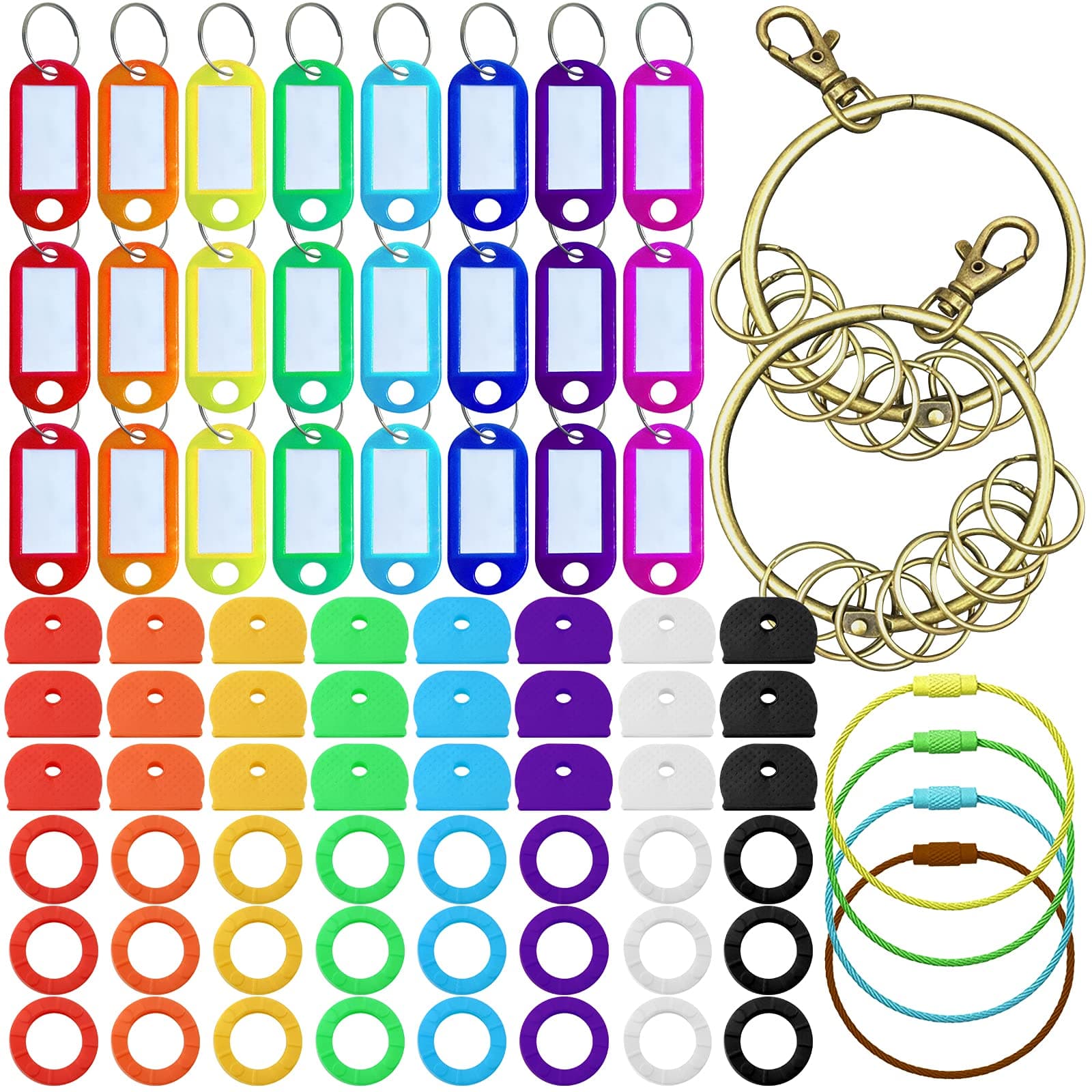 Daily Treasures 78Pcs Key Caps Tags Covers Set, 48Pcs Plastic Key Identifier Covers & 24Pcs Plastic Tags Labels with 6Pcs Wire Keychains-ID Ring Toppers for Organization House (8 Colors, 2 Styles)