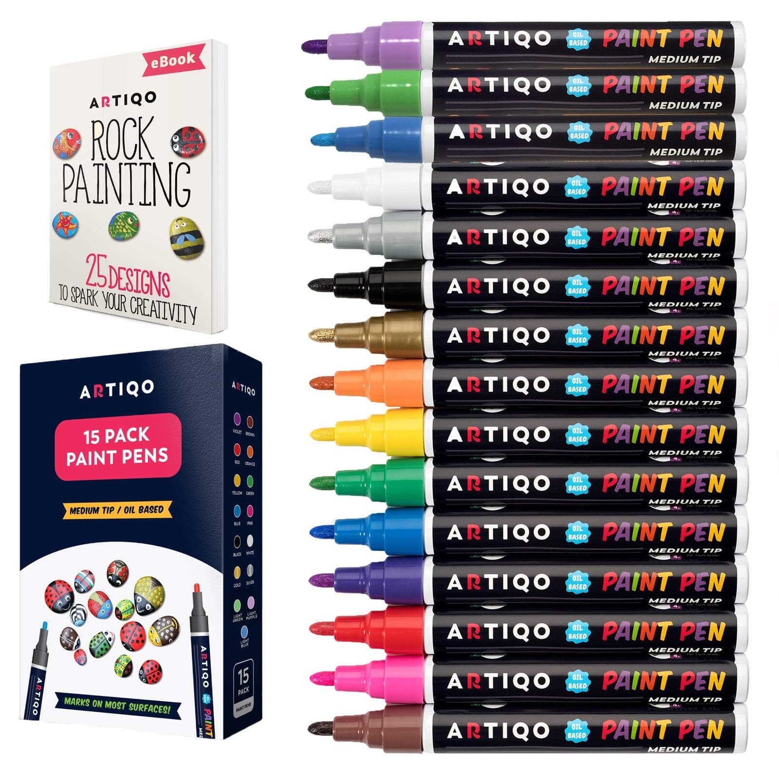 Paint pens for rock painting - Wood, Glass, Metal and Ceramic Works on almost all surfaces set of 15 Vibrant Medium tip Oil Paint Marker Pens, Quick Dry, Water Resistant