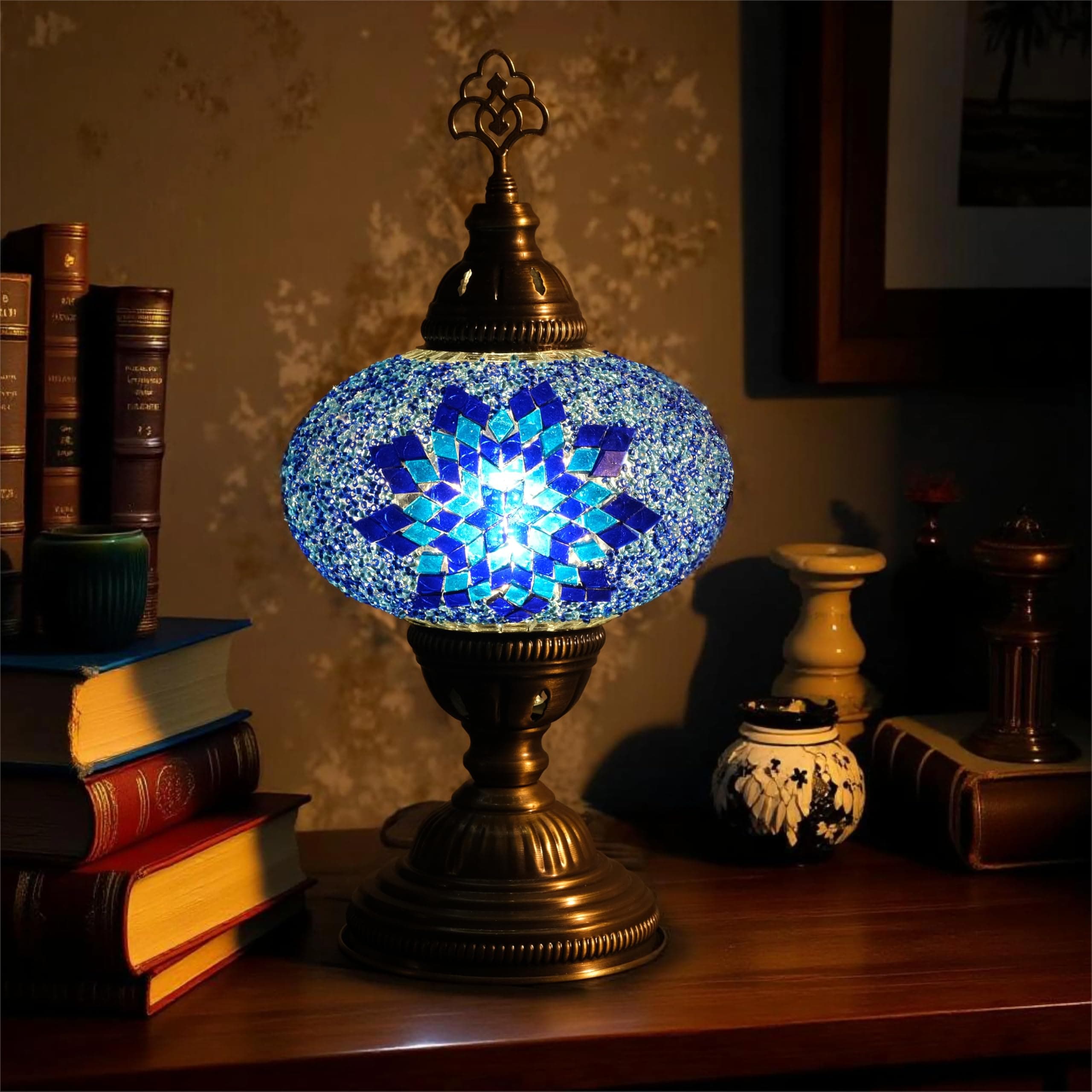 Mozaist Turkish Lamp, Mosaic Table Lamp, Antique Moroccan Decorative Glass Bohemian Vintage Lamp Shade, Small Desk Tiffany Bedside Stained Glass Lamp with US Plug and E12 Socket
