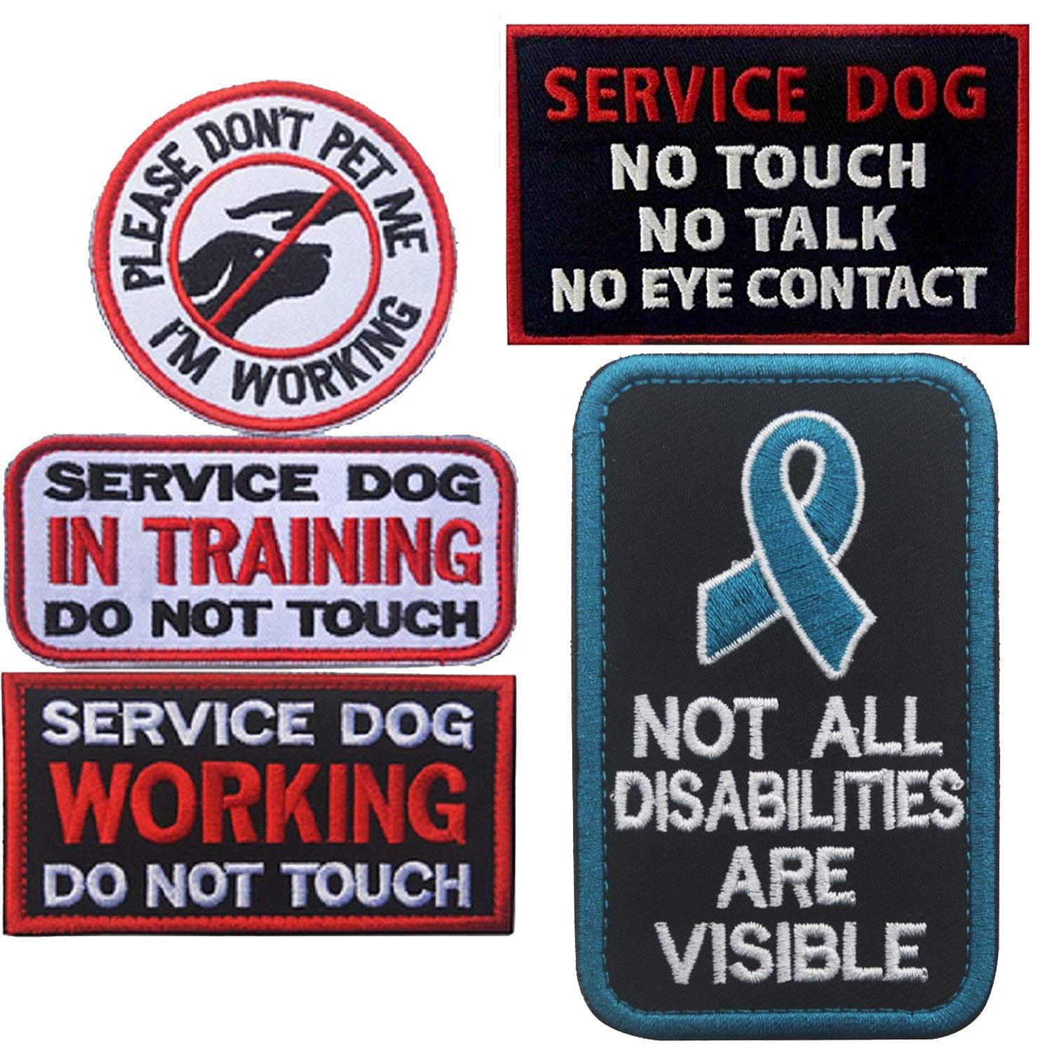 ODSP Service Dog Patches, in Training, Not All Disabilities are Visible, I'm Working Please Don't Pet Me, Working, No Touch No Talk No Eye Contact Embroidered Hook and Loop Patches 5 PCS
