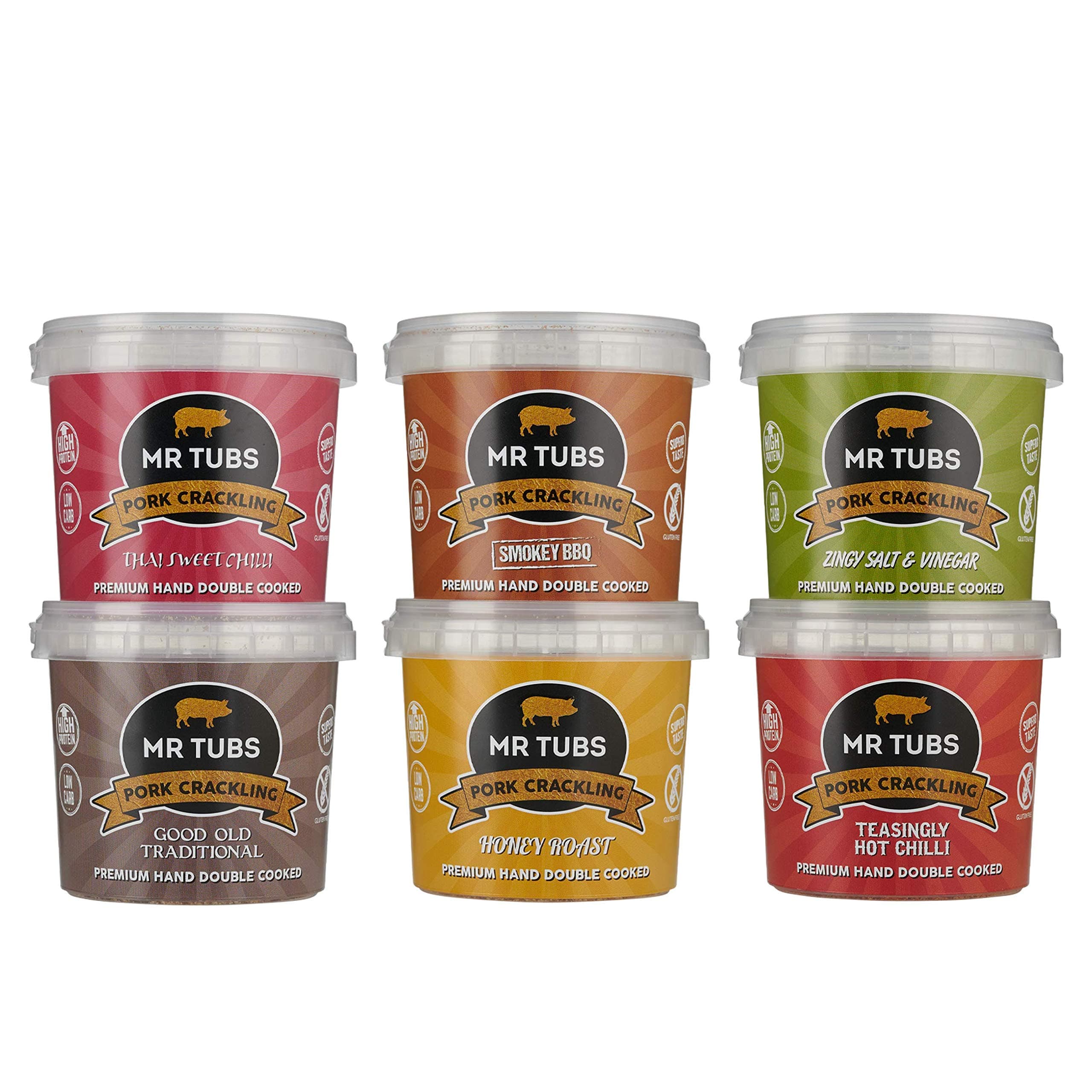 Mr Tubs Pork Crackling (6 Tub Pack) - Mixed Flavours of Premium, Double Hand Cooked, Crackling - Ideal Gluten Free, Low Carb, Keto & Paleo Friendly Meat Rind Pork Scratchings Snack (6 x 55g Tubs)