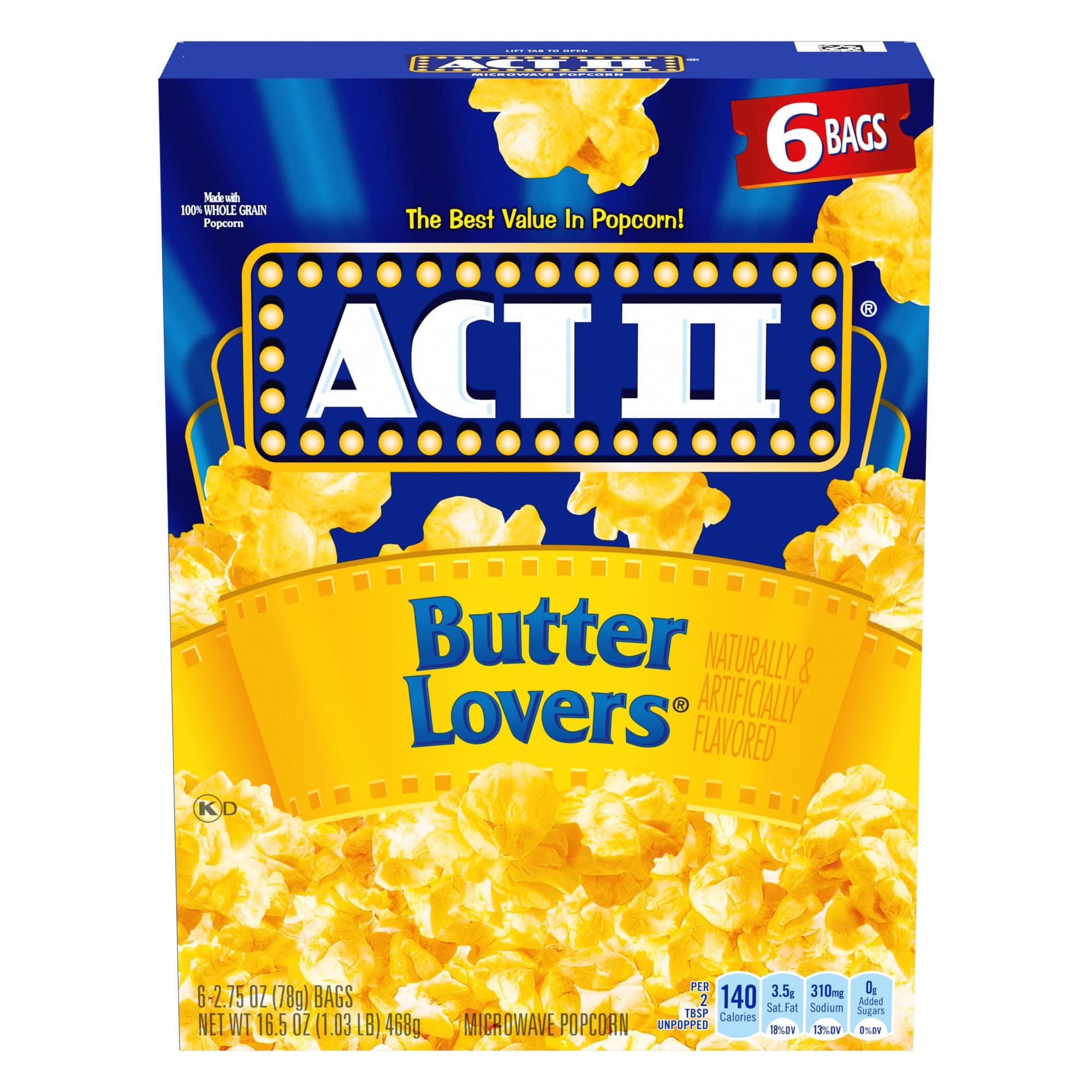 Butter Lovers Microwave Popcorn, 2.75 oz, 6-Count Bags
