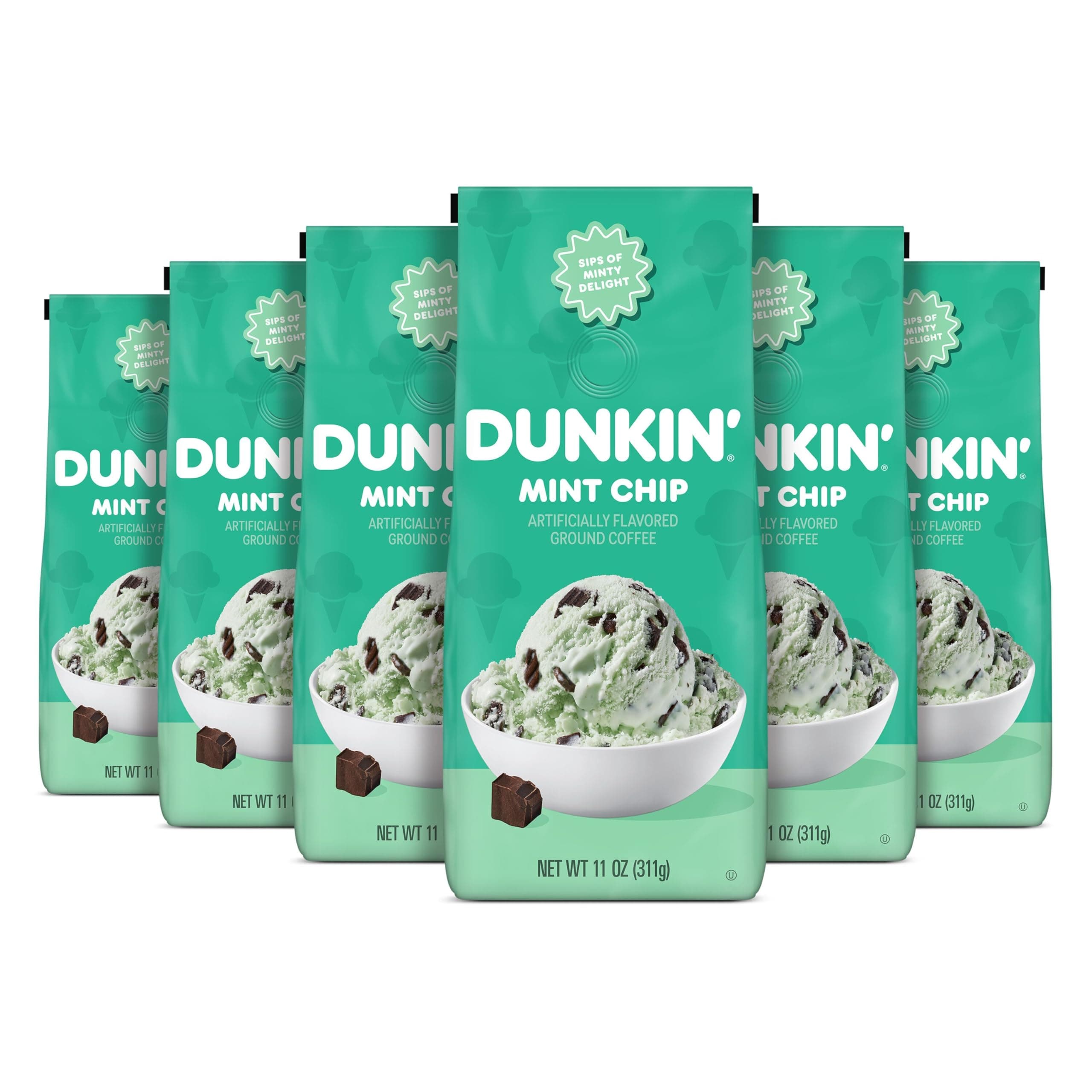 Dunkin’ Mint Chip Artificially Flavored Coffee, Ground Coffee, 11 Oz. Bag (Pack of 6)