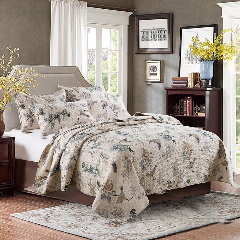 3 Piece Cotton Reversible Quilt Set, Bedspreads Set, Coverlets, Birds Printed, Over-Sized Queen