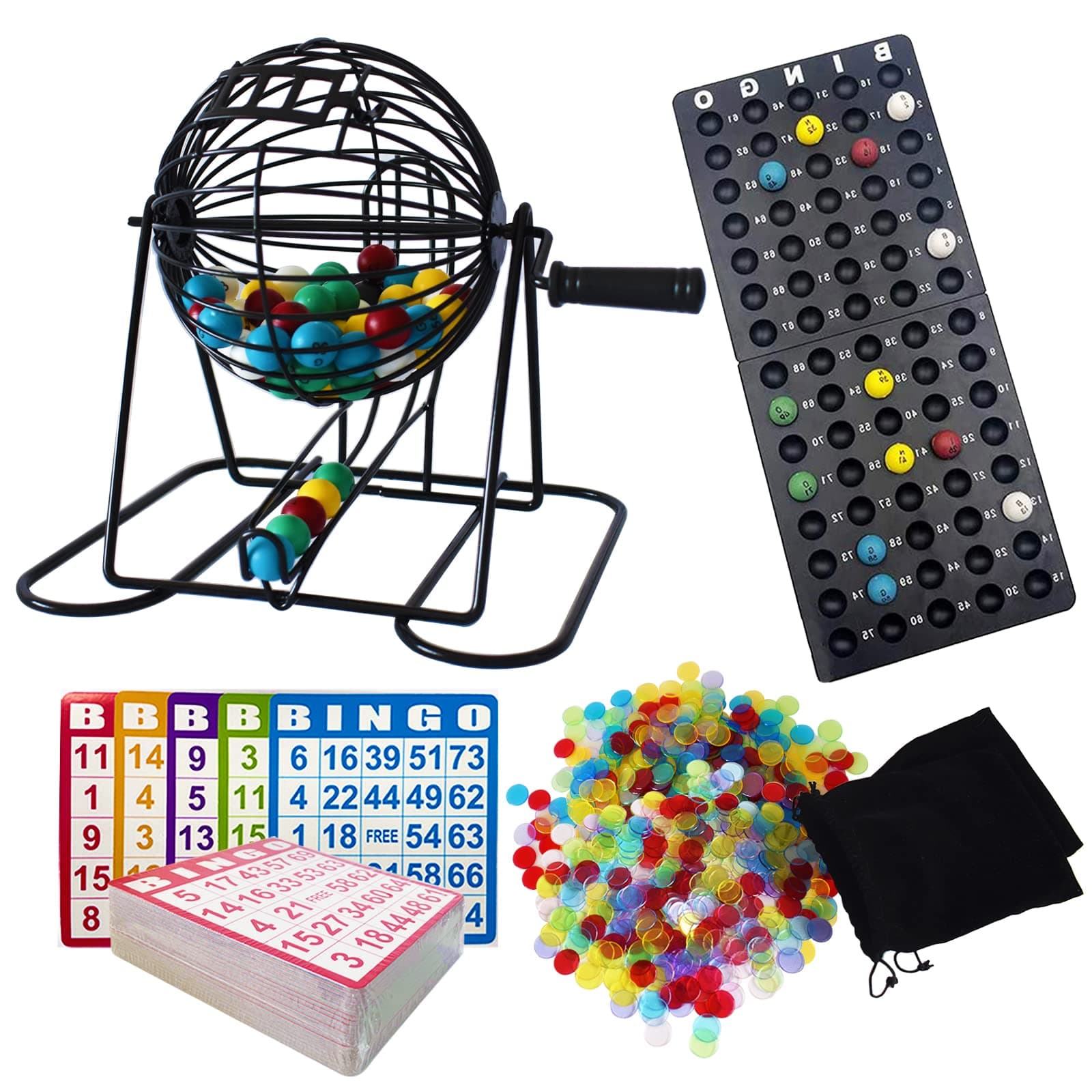 Deluxe Bingo Game Set - Metal Round Cage, 75 Colored Bingo Balls, 100 Bingo Cards, 500 Mixed Chips and Master Board for Large Groups, Parties